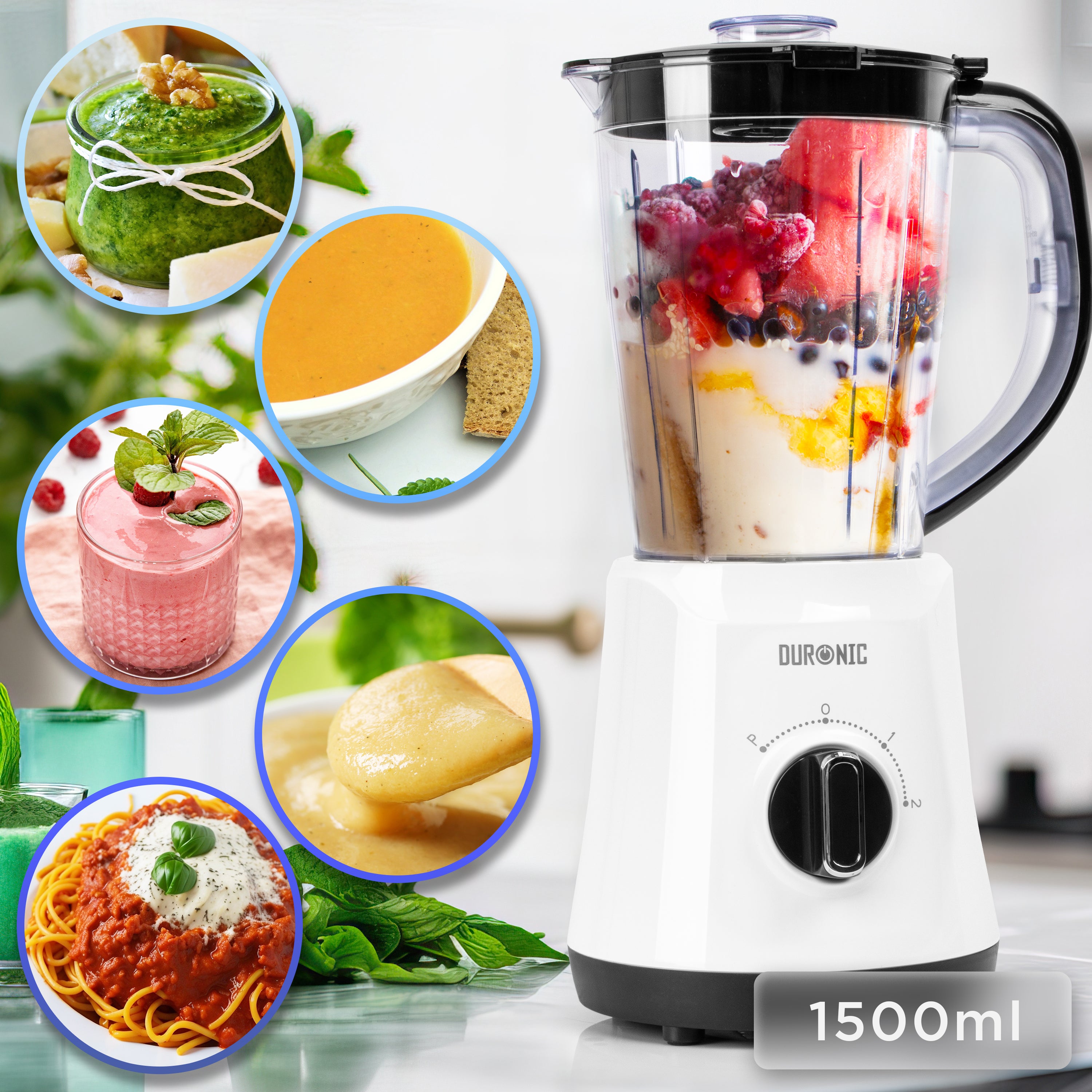 Duronic BL16 500W Electric Blender - 1.5L BPA-Free Jug for Smoothies, Protein Shakes, Ice Slushies, Baby Food & Soups - Removable Blades with Pulse Function - Perfect for Kitchen, Gym & Healthy Lifestyle