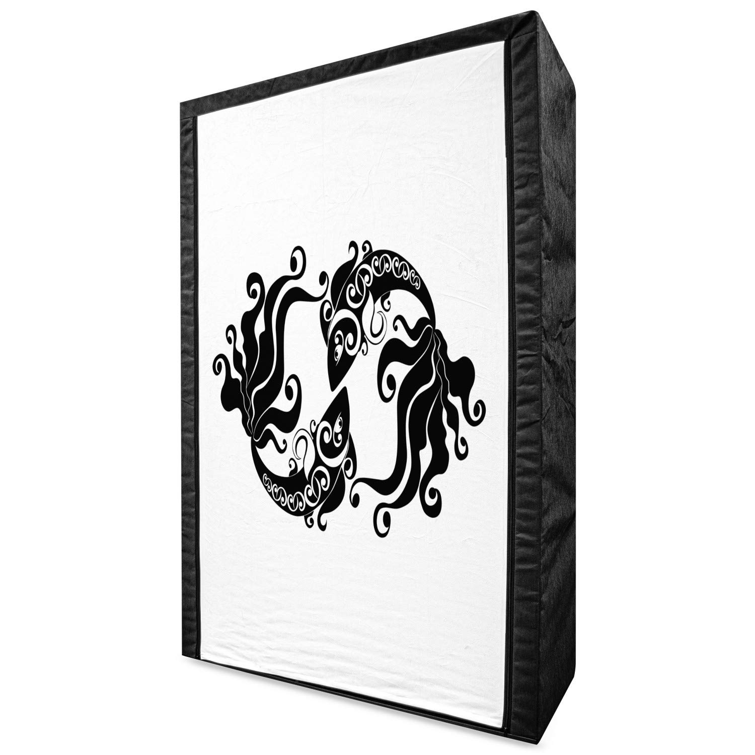 Lunarable Zodiac Pisces Portable Fabric Wardrobe - Black & White Fish Silhouette Design with Shelves, 42.5 Inch Clothing Organizer & Storage Closet for Bedroom, Closet, Dorm Room or Nursery