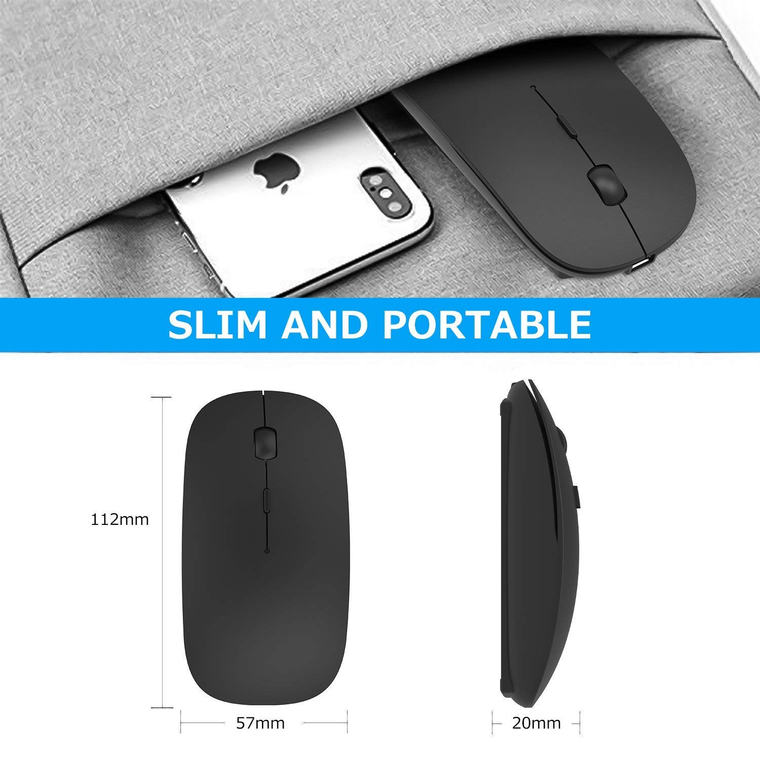 Wireless Bluetooth Mouse for Laptop, MacBook, iPad, PC - Compatible with MacBook Air, MacBook Pro, Windows, Chromebook & Desktop Computers (Black) | Perfect for Office, Home & Travel Use