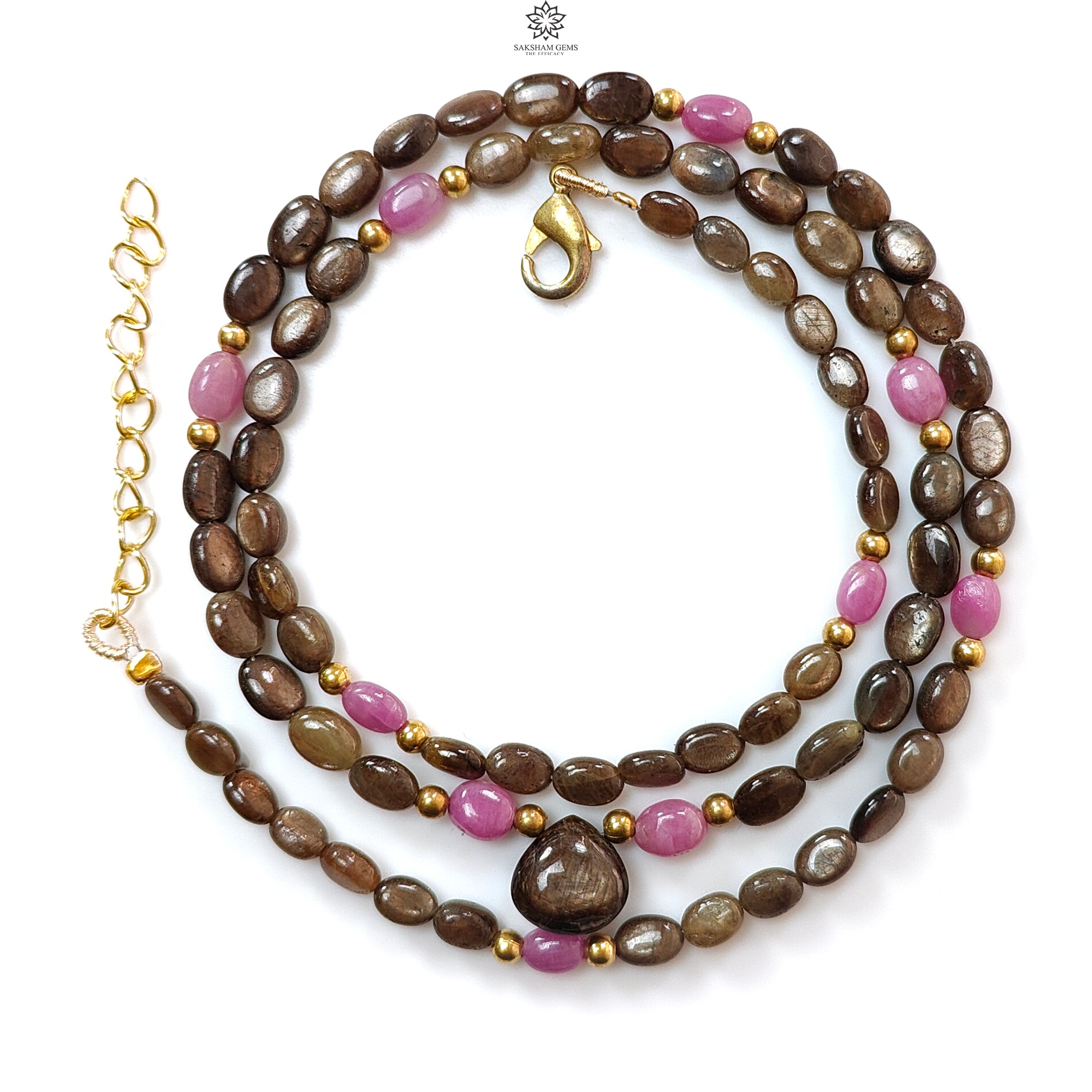 Golden & Pink Sapphire Oval Plain Brass Necklace - 18.04gms, 5x4mm, 7x5mm, 10mm (Approx 21