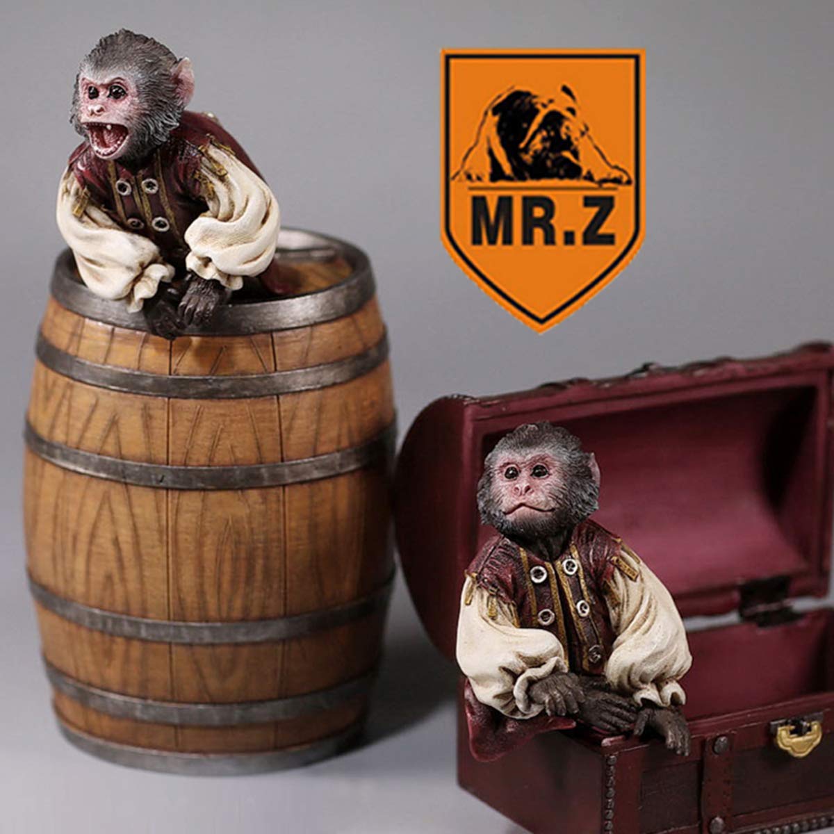 1/6 Scale Realistic Pirate Monkey Bucket Treasure Chest Set - MR.Z Collectible Figure, Animal Model Toy for Adults & Kids | Educational Decor, Gift for Collectors | Perfect for Display, Role Play & Themed Parties