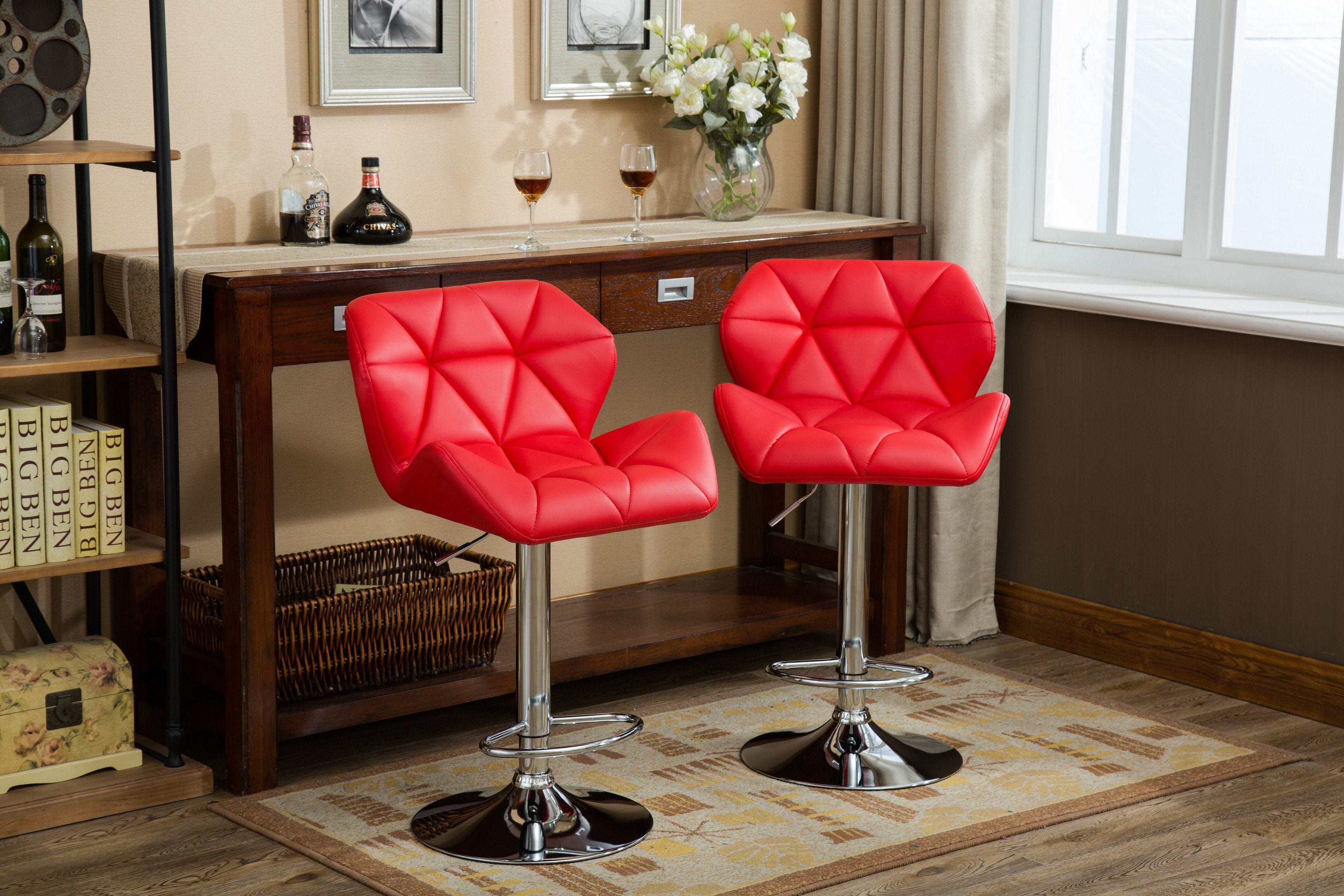 Roundhill Furniture Glasgow Contemporary Tufted Adjustable Hydraulic Bar Stools, Red, Set of 2 - Perfect for Kitchen Islands, Home Bars & Modern Dining Areas