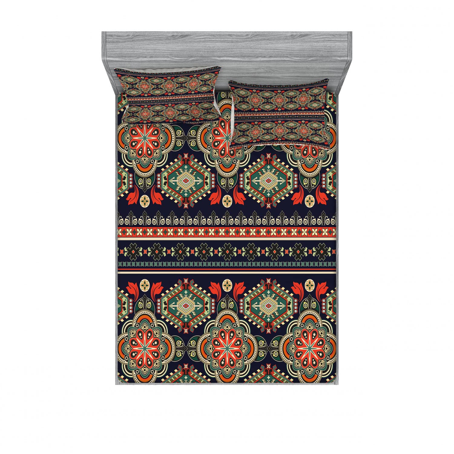 Ambesonne Ethnic 2-Pack Fitted Sheet & Pillow Sham Set - Floral Geometric Pattern Bedding Decor (4-Piece Set) - Includes 2 Twin XL Fitted Sheets & 4 Standard Pillowcases in Indigo Scarlet - Perfect for Guest Rooms, Dorm Decor & Bohemian Bedroom Style