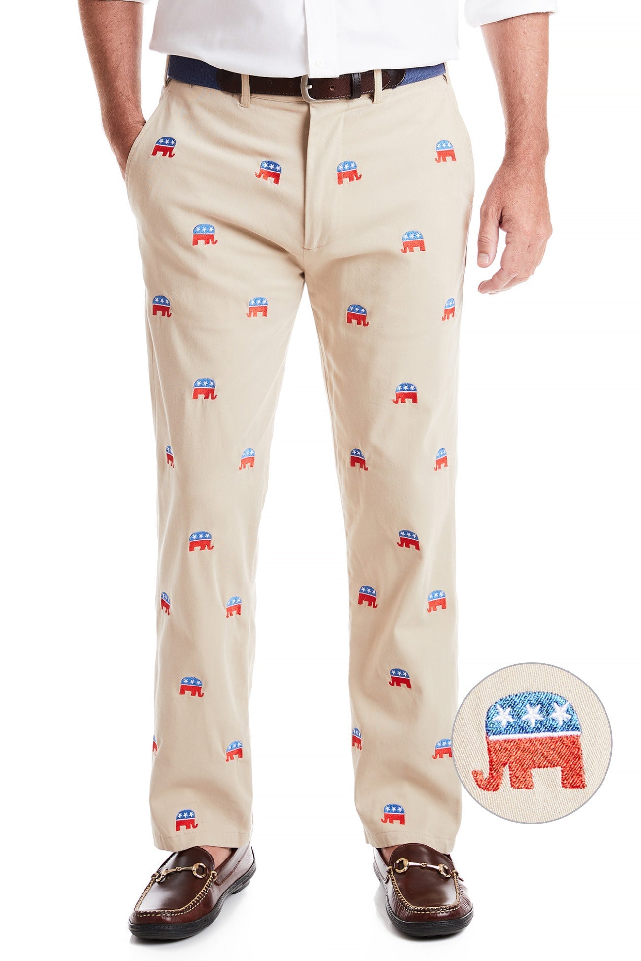 Stretch Twill Khaki Harbor Pants with GOP Elephant Design - Comfortable Casual Wear for Everyday Use & Political Events