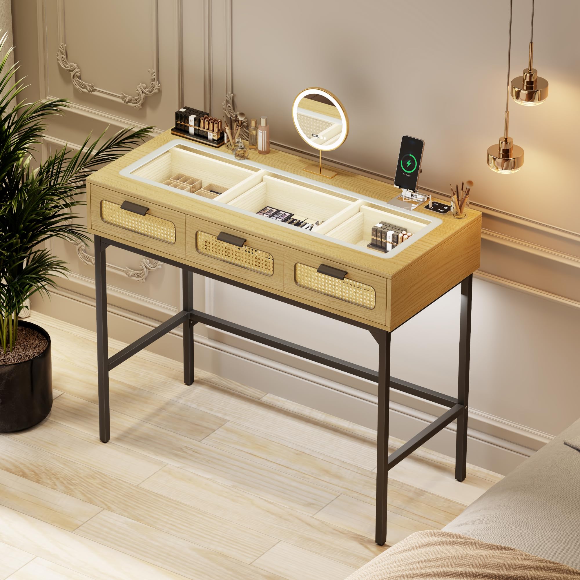 LED Makeup Vanity Desk with Glass Top & Charging Station - Wooden Dressing Table with Rattan Drawers, Modern Bedroom Furniture for Women, Perfect for Makeup Application, Home Office & Beauty Room Organization