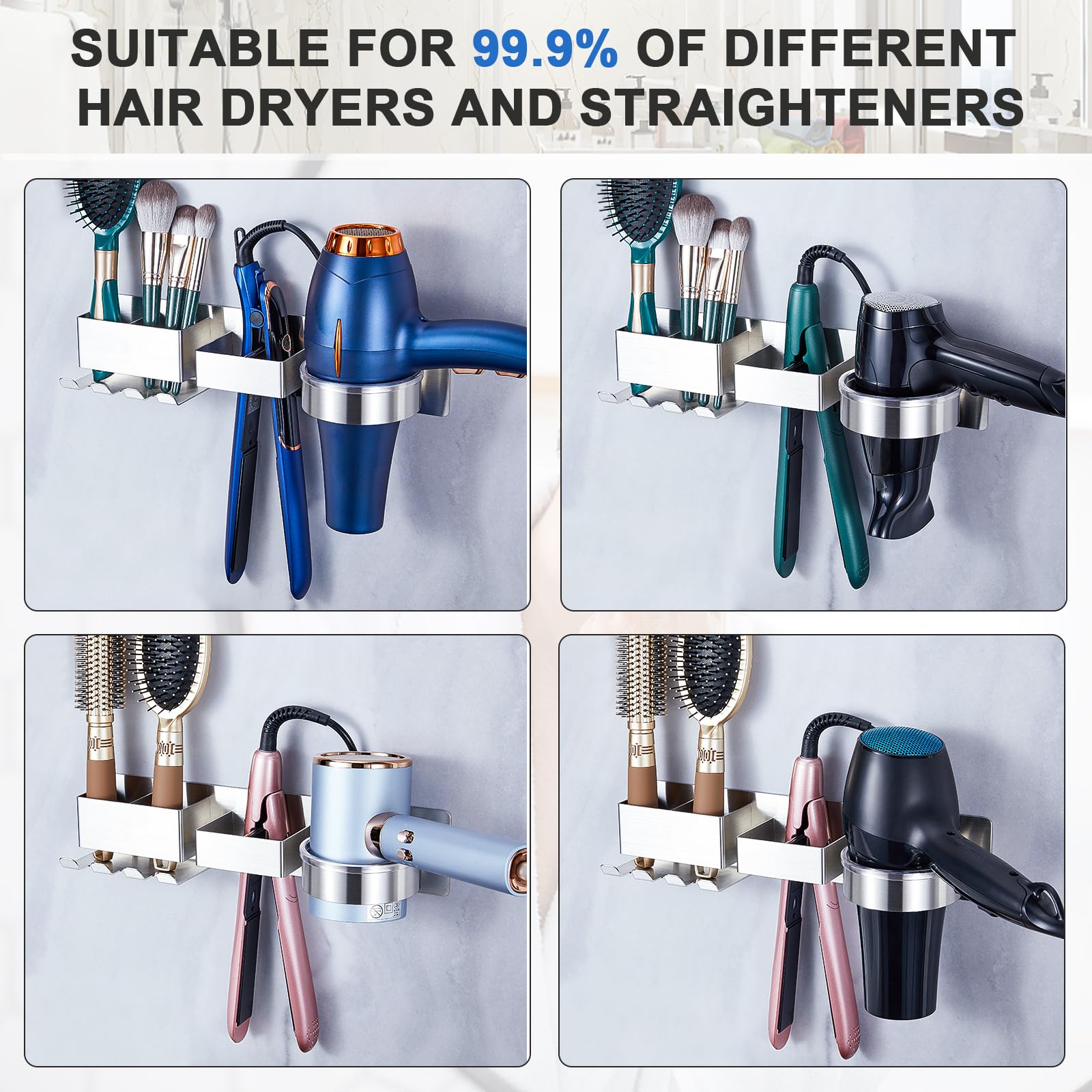 Wall Mounted Hair Straightener & Blow Dryer Holder - Stainless Steel Hair Tool Organizer with Adhesive & Plug Hook - Perfect for Bathroom, Salon & Home Hair Styling Storage