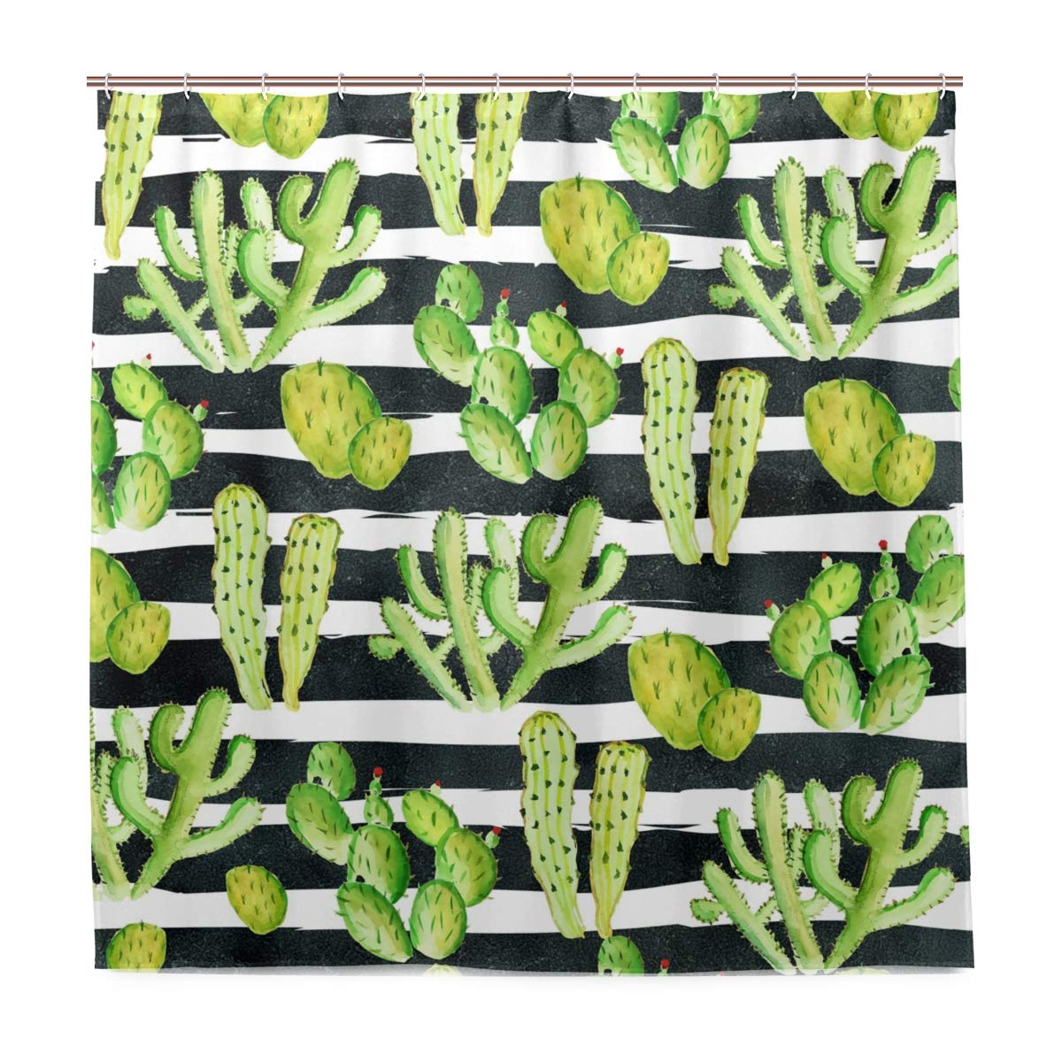 Watercolor Cactus Stripes Shower Curtain 72x72 Inches - Waterproof Fabric Bathroom Decor with Hooks for Athletic Club, Gym & Home Use