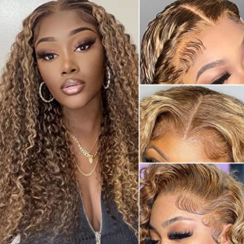 13x4 Ombre Curly Lace Front Wig Human Hair - Pre Plucked with Baby Hair, 150% Density, 30 Inch Water Wave - Blonde to Brown Highlights for Black Women | Perfect for Daily Wear, Parties, Weddings & Special Occasions