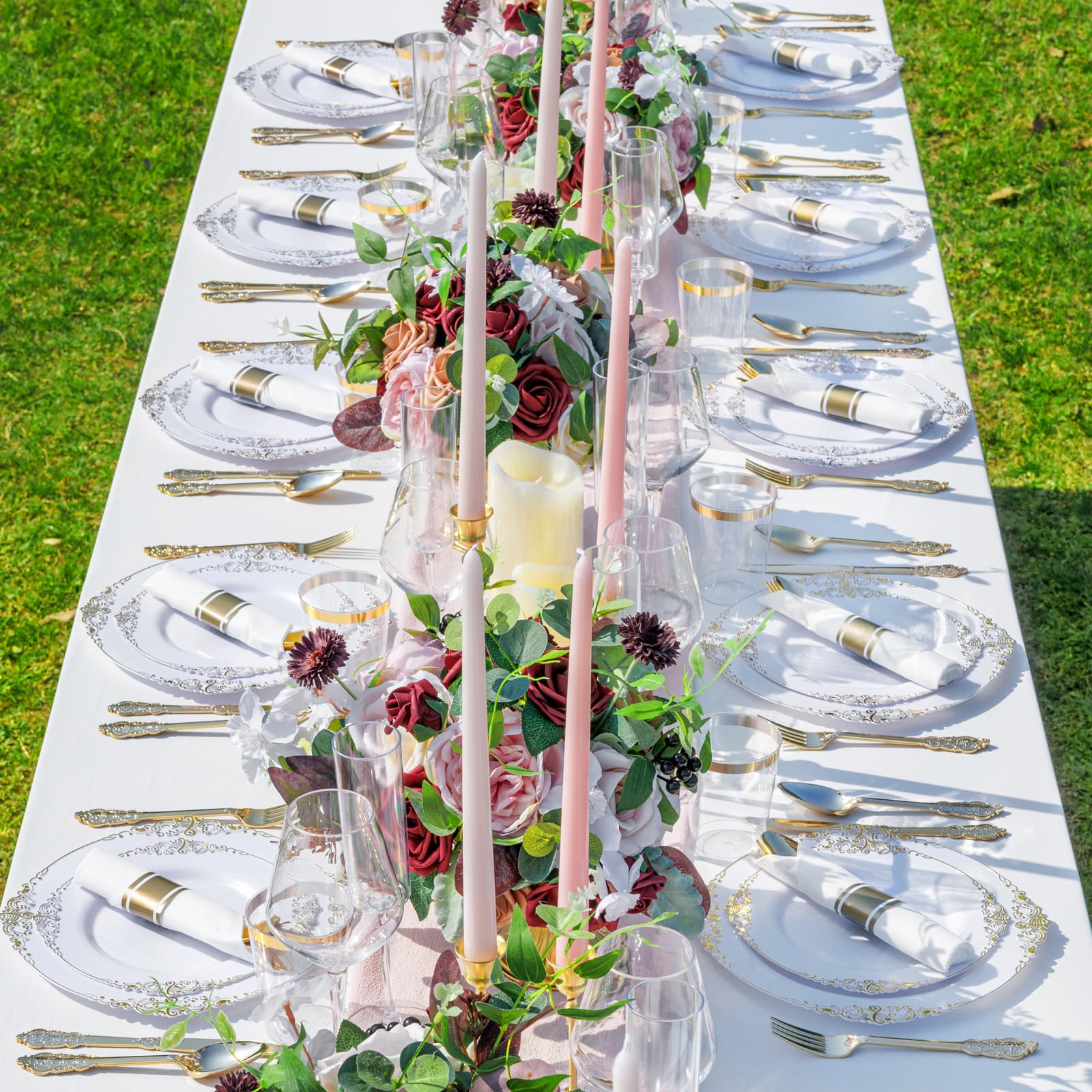 Premium 350-Piece Gold Disposable Dinnerware Set - 100 Elegant Plates, 150 Plastic Silverware, 50 Cups & 50 Napkins - Perfect for Weddings, Parties & Large Gatherings (50 Guests) - Ideal for Outdoor Events, Catering & Special Occasions