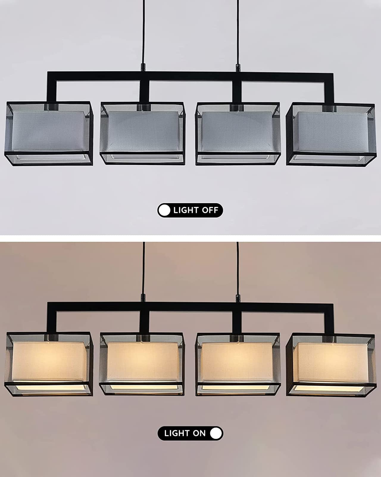 Modern Rectangular Chandelier - 4-Light Hanging Fixture with Adjustable Fabric Lampshade for Dining Room, Living Room & Restaurant Decor | Black Finish | Elegant Lighting Solution for Home & Commercial Spaces