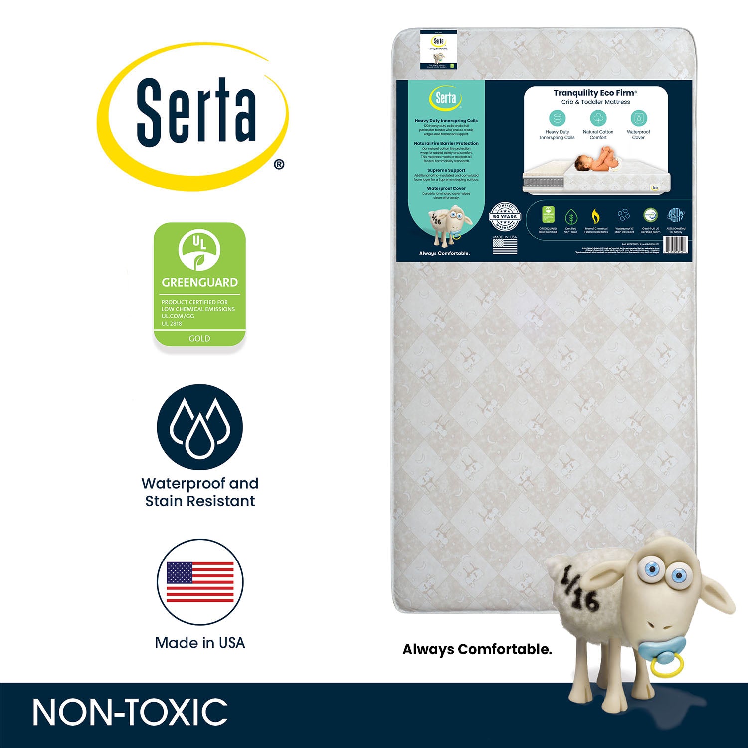 Serta Tranquility™ Eco Firm Crib & Toddler Mattress - Non-Toxic, Waterproof & Hypoallergenic Baby Mattress for Safe Sleep | Perfect for Nursery, Daycare & Travel Cribs