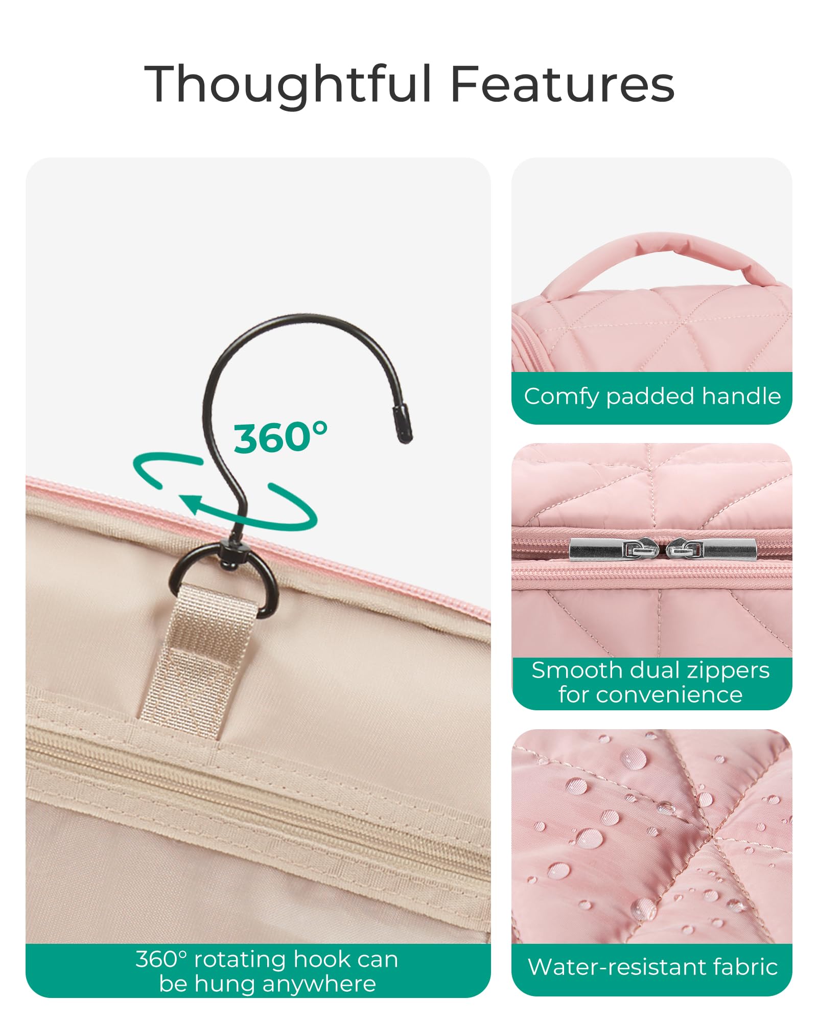 BAGSMART Waterproof Hanging Toiletry Bag for Women - Large Lightweight Travel Makeup Organizer with Wide Opening, Perfect for Cosmetics, Toiletries & Accessories (Pink) - Ideal for Air Travel, Camping & Gym Use
