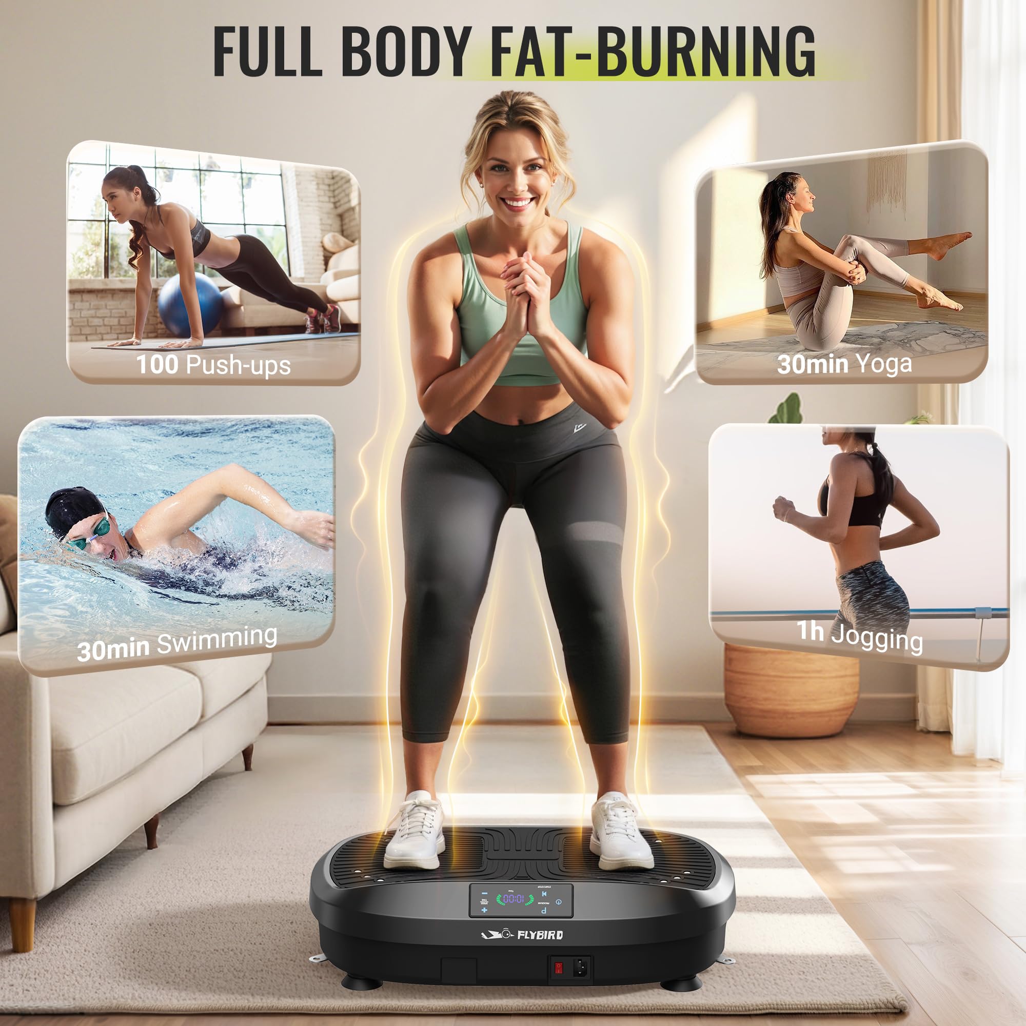 FLYBIRD Vibration Plate Exercise Machine for Weight Loss & Toning - Whole Body Workout Platform with 2 Resistance Bands, Lymphatic Drainage & Muscle Recovery - Perfect for Home Gym, Fitness & Wellness (Black)