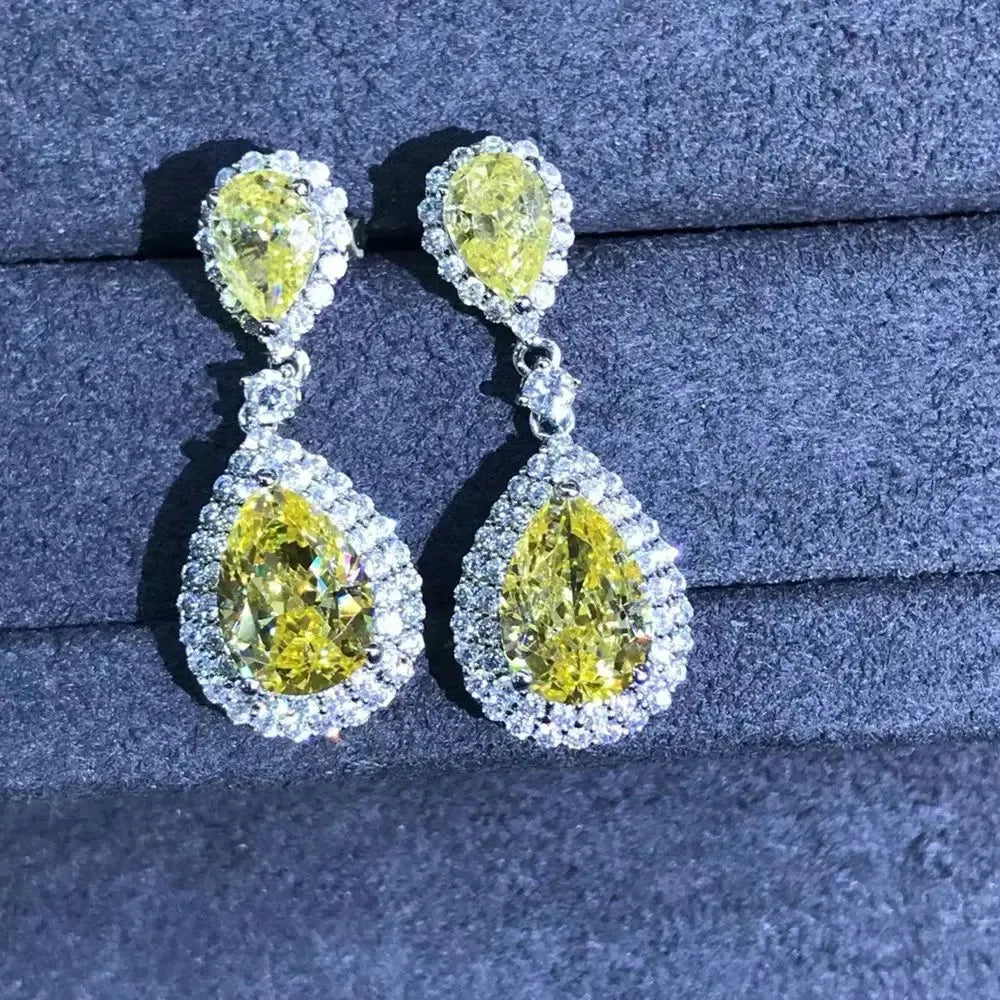 925 Sterling Silver Pear 3EX 3CT VVS Yellow Created Moissanite Drop Earrings - Customizable Wedding & Engagement Fine Jewelry for Brides, Anniversary Gifts & Special Occasions