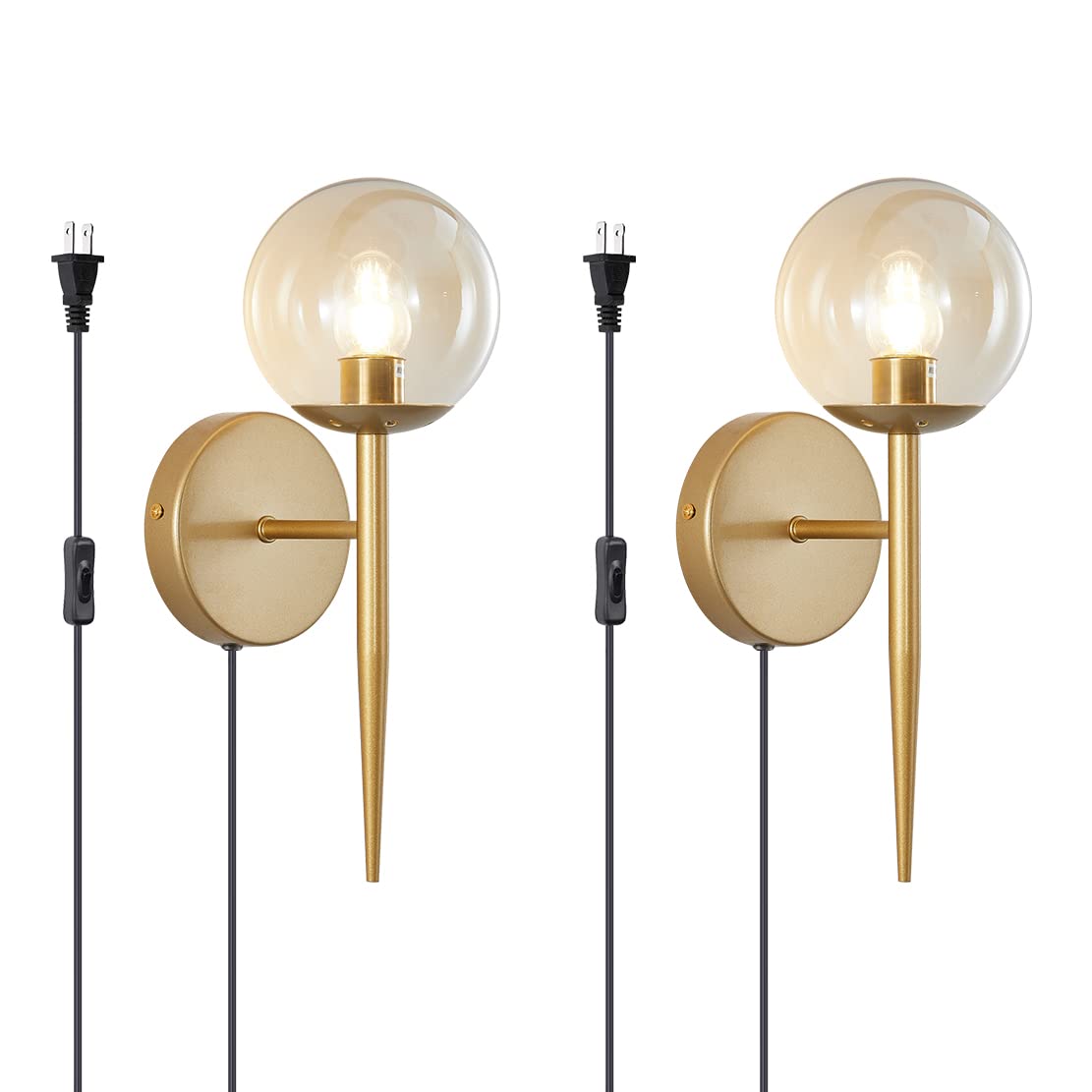 Vintage Brushed Gold Plug-in Wall Sconce Set of 2 - Mid Century Modern Globe Lighting for Bathroom, Bedroom & Bar - Amber Glass Plug in Wall Lamp for Vanity & Home Decor