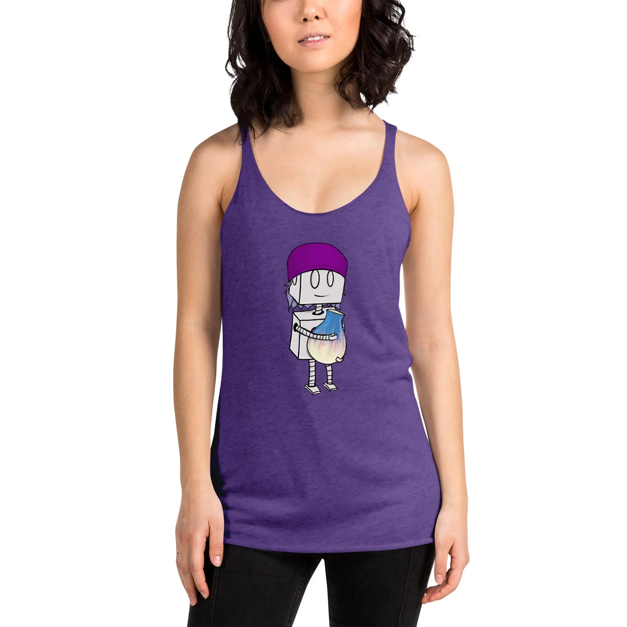 Cute Robot Racerback Tank Top for Women - Beanie & Pottery Design - Comfortable Summer Casual Wear for Outdoors, Gym, and Daily Activities