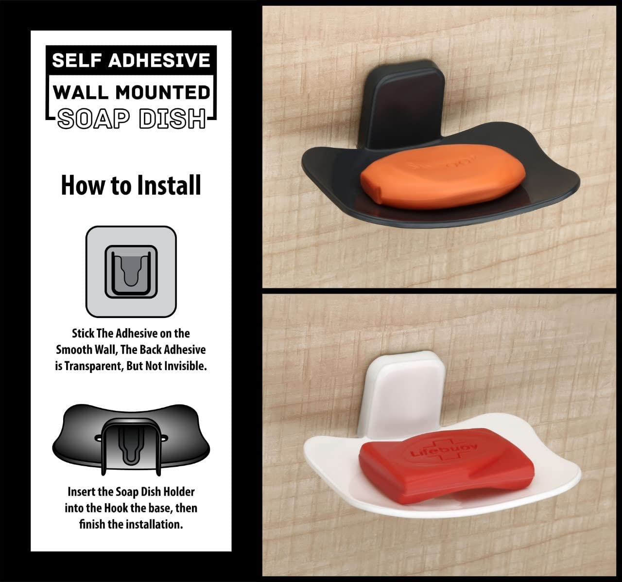 Arabella Retail Wall Mounted Soap Dish Holder - White & Grey Set of 2 | Adhesive Sticker for Bathroom & Kitchen Sink | Perfect for Small Spaces, RV, Dorm & Apartment Living