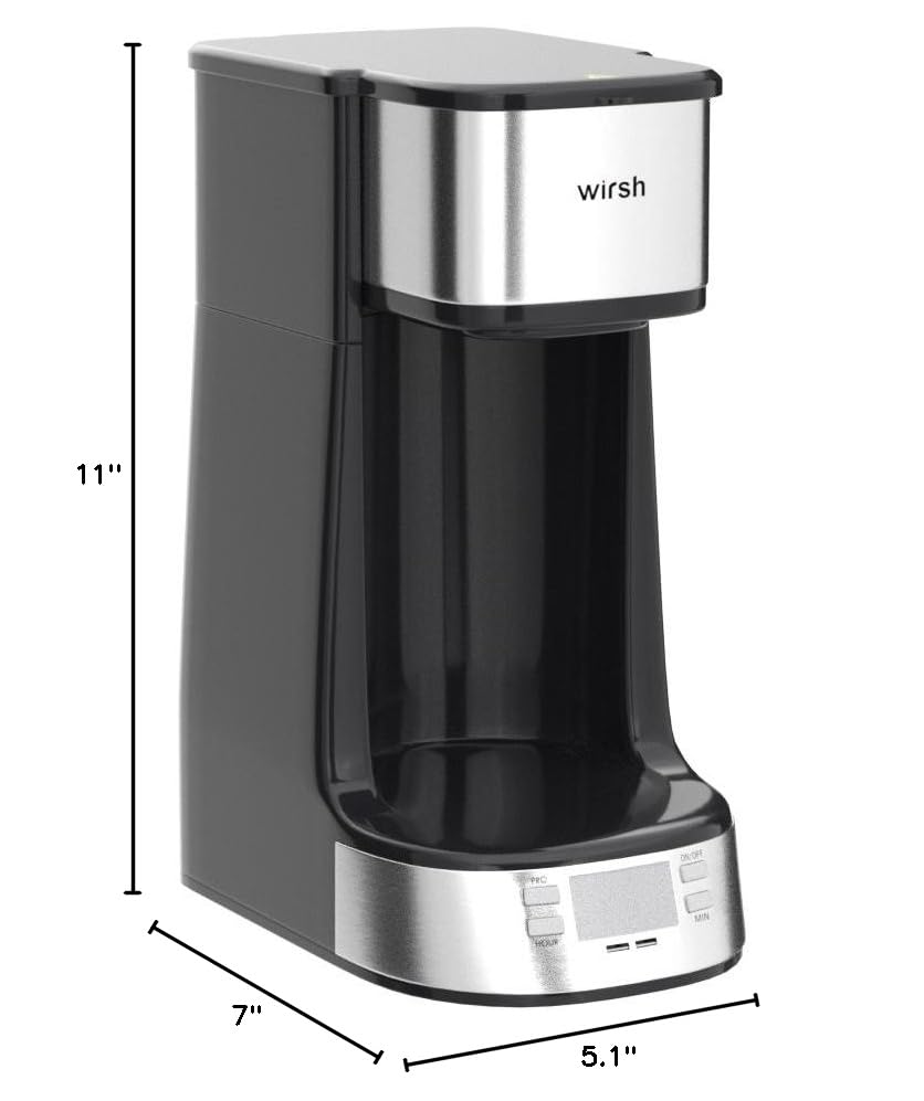 Wirsh Single Serve Coffee Maker - Programmable Timer, LCD Display, 14 oz Travel Mug & Reusable Filter - Compact Non-Pod Coffee Machine for Home, Office, Dorm & Travel - Black