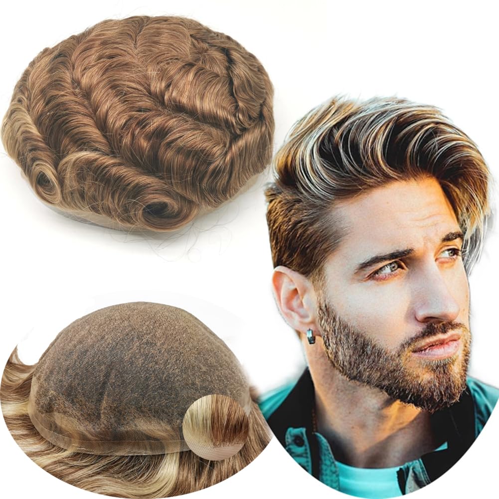 Men's Toupee | Real Human Hair Replacement System | Fine French Lace Hairpiece | Customizable Hair Units | Natural-Looking Hair Prosthesis | #4/27/613-8x10 Wavy | Perfect for Daily Wear, Special Occasions & Hair Loss Solutions