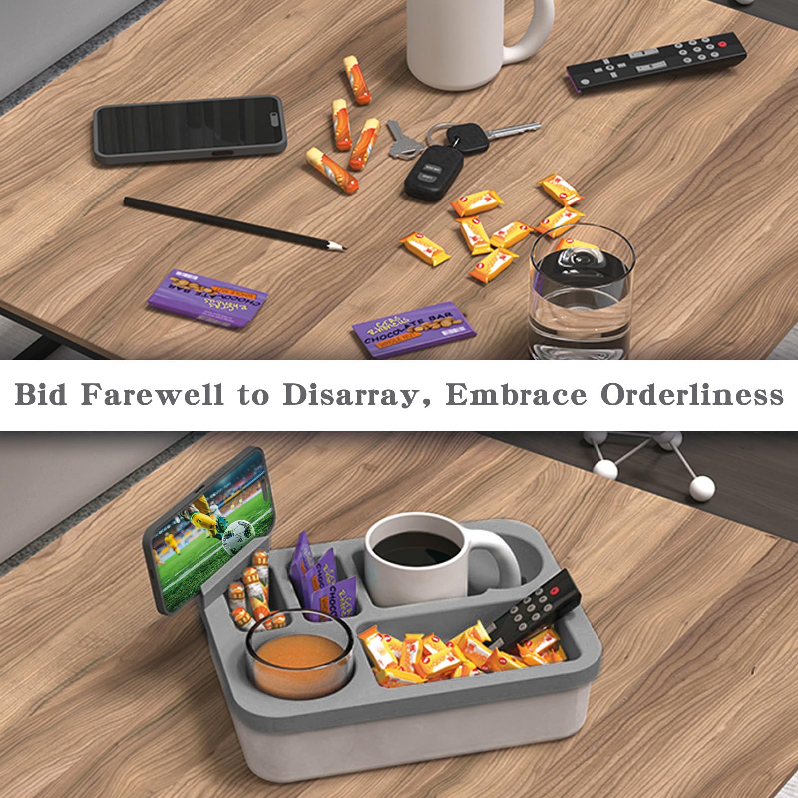 Rotatable Couch Cup Holder Tray with Phone Stand - Multi-Functional Sofa Caddy for Drinks, Snacks & Remote Control - Waterproof Bedside Table Organizer (Grey) | Perfect for Living Room, Bedroom, Car & Outdoor Use
