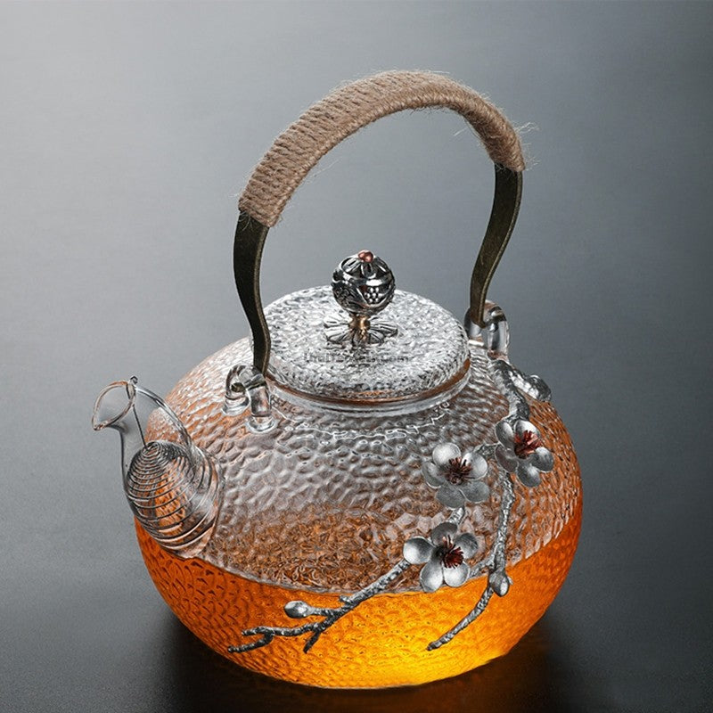 Premium Glass Teapot with Tin Plum Design - Elegant Tea Brewing Pot for Loose Leaf Tea, Herbal Tea & Blooming Tea - Perfect for Home, Office & Gift Giving