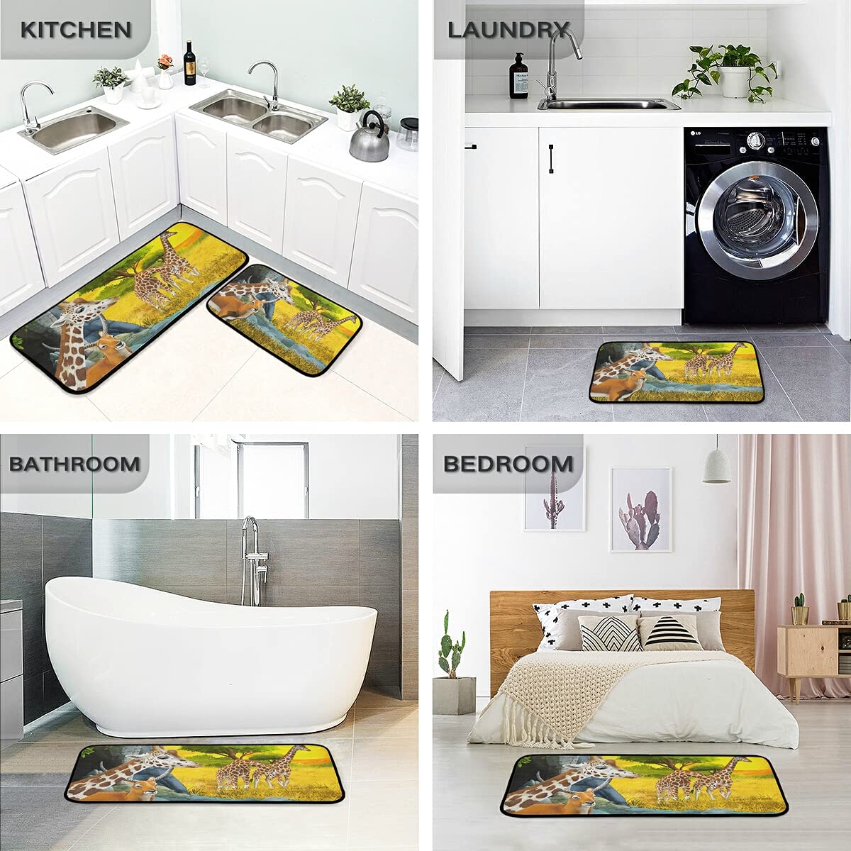 Antelope Family Giraffe Print Non-Slip Kitchen Rugs Set of 2 - Washable Runner Mats for Kitchen Floor, Home Sink, Laundry & Office - Perfect for High Traffic Areas and Pet-Friendly Homes