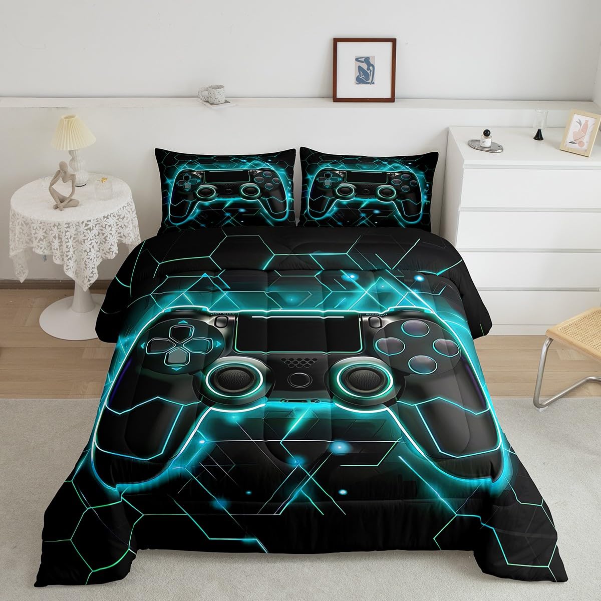 Erosebridal Honeycomb Twin Bedding Set - Neon Gaming Comforter for Boys & Kids, Teal Blue Gamer Bedding for Toddler Room Decor | Perfect for Gaming Themed Bedrooms & Sleepovers