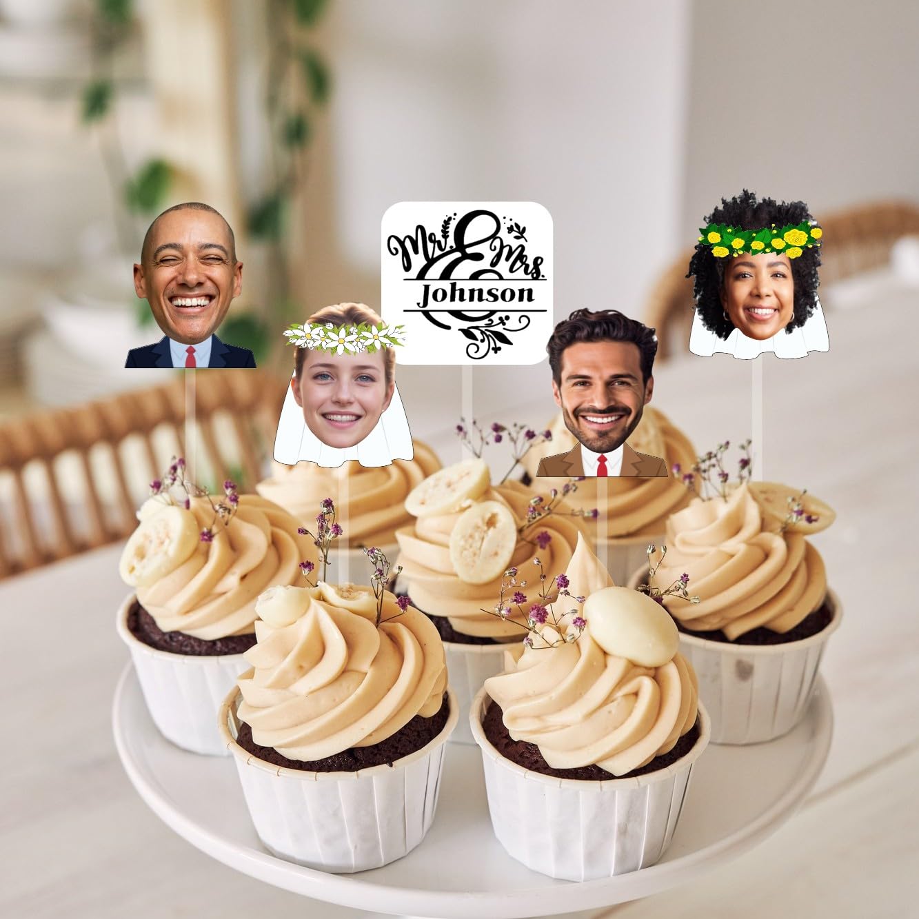 20PCS Custom Bride and Groom Cupcake Toppers | Personalized Wedding Cake Decorations | Bachelorette & Bachelor Party Cupcake Picks | Mr & Mrs Veil Flower Crown Suit Food Toppers for Wedding, Engagement, Bridal Shower, Anniversary Celebrations