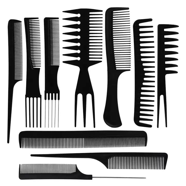 VELORA Professional 10-Piece Hair Comb Set - Styling & Cutting Brushes for Salon & Home Use - Black Hairdressing Tools for Men & Women - Perfect for Haircuts, Styling, Detangling & Blowouts