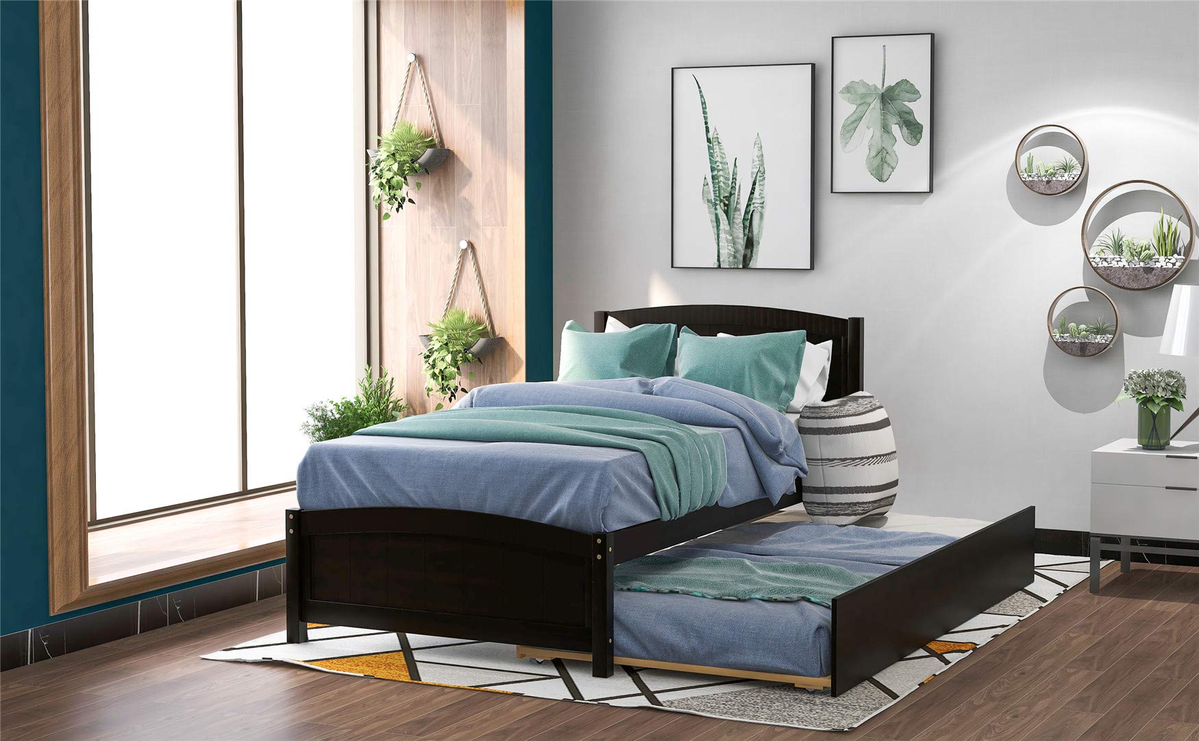 Solid Wood Twin Platform Bed with Headboard & Trundle - Finsbury Espresso for Small Spaces