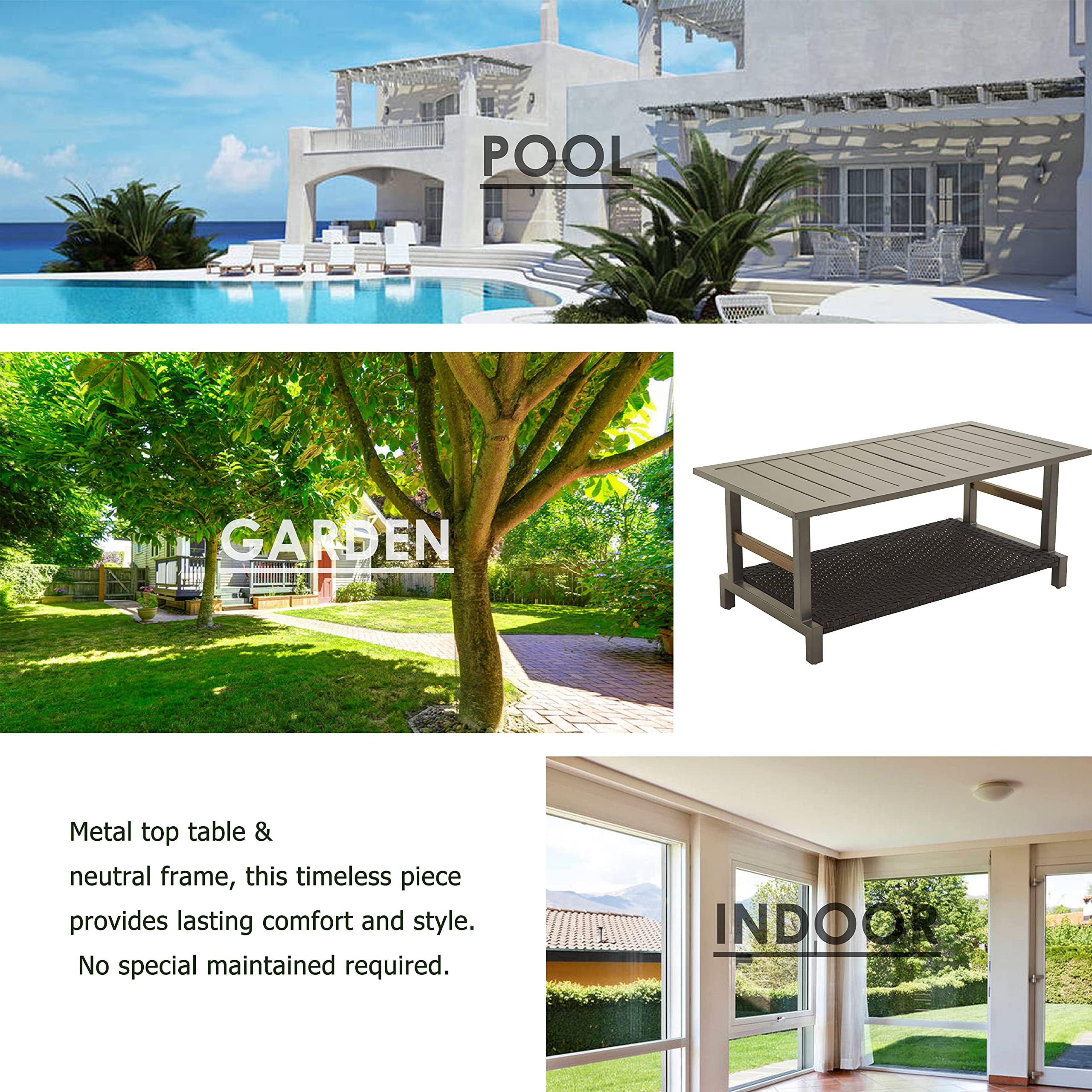 LOKATSE HOME Outdoor Coffee Table - Rectangle Patio Bistro Dining Furniture with Wicker Rattan & 2-Shelf Storage - Grey - Perfect for Backyard, Garden, Poolside, and Balcony Relaxation