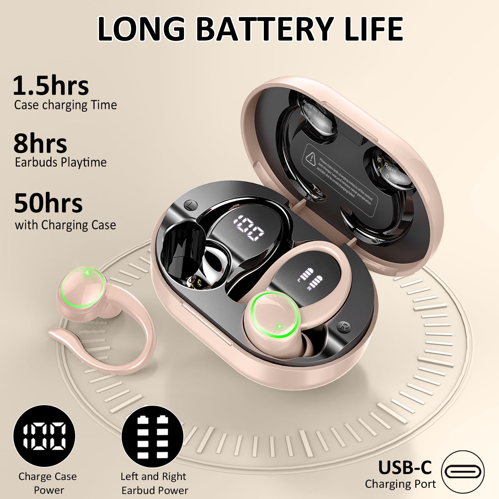 Wireless Bluetooth Earbuds for Sports with 50H Playback, ENC Noise Cancelling Mic & HiFi Stereo - IP7 Waterproof Over-Ear Headphones with Earhooks for Running, Workout, Gym, Travel & Daily Commute