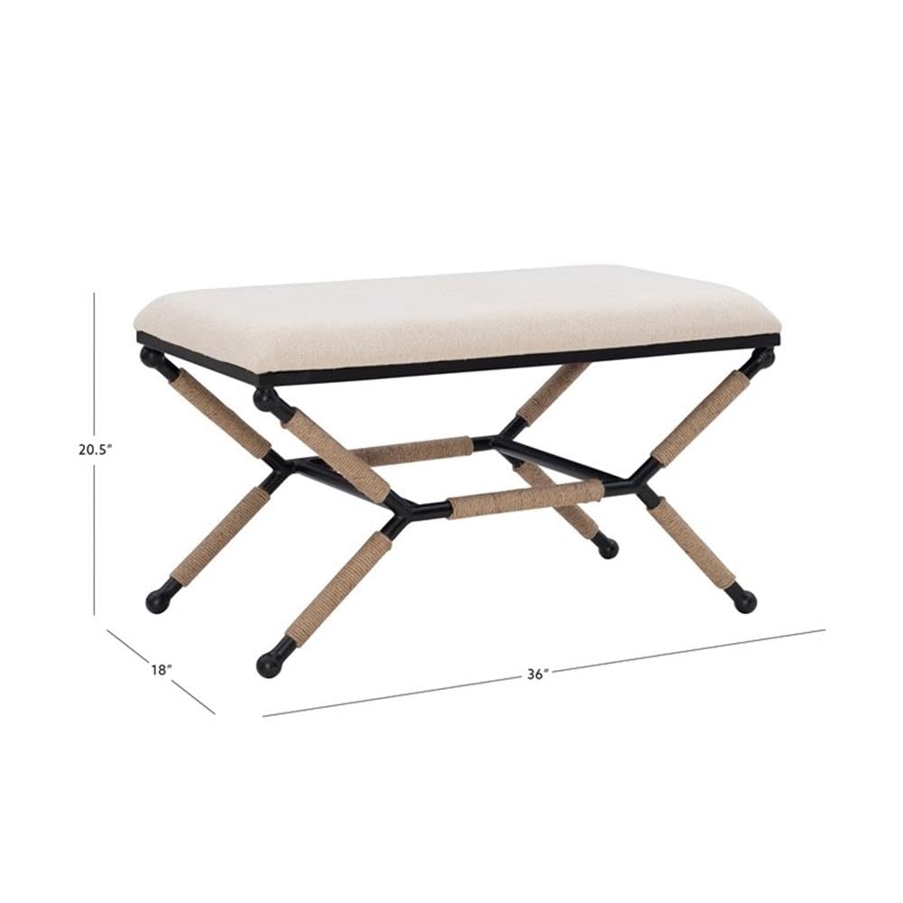 Linon Anna Campaign Accent Bench - Black Metal Legs with Cream Rope Detail - Perfect for Entryway, Bedroom or Living Room Decor