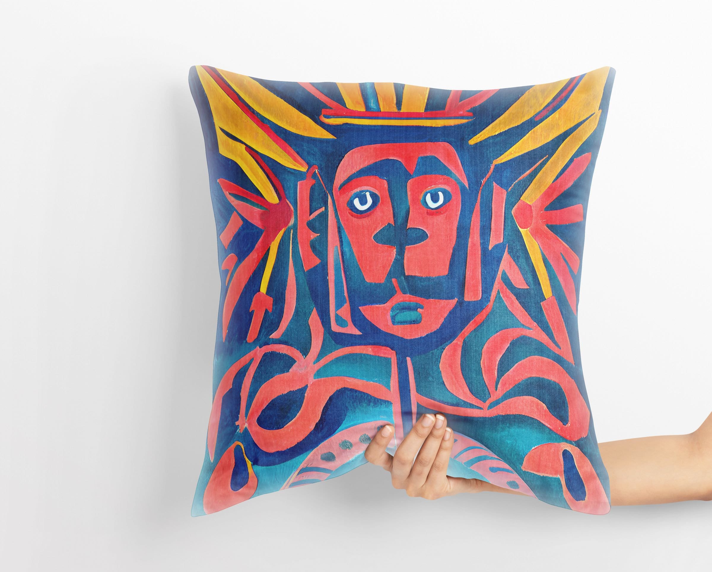 Mayan Chiefs Decorative Throw Pillow Cover - 20x20 Inches Abstract Artist Design Colorful Cushion Case for Sofa, Bed & Home Decor