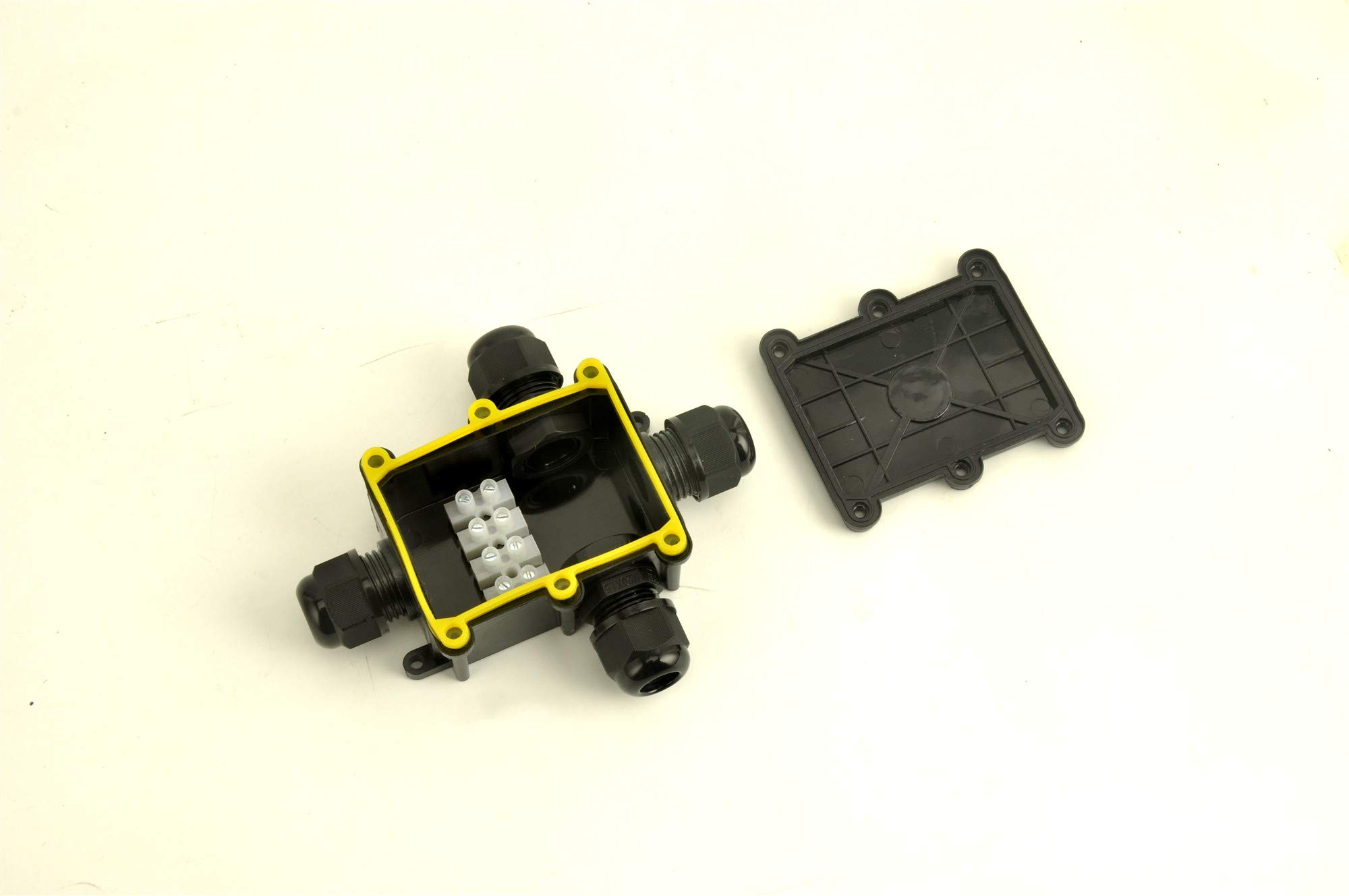 Waterproof Junction Box IP68 - Outdoor Electrical Junction Box with 4 Way M20 Coaxial Cable Connector (4-12mm Wire Range) - Black - Ideal for Outdoor Wiring, Garden Lights, and Marine Applications