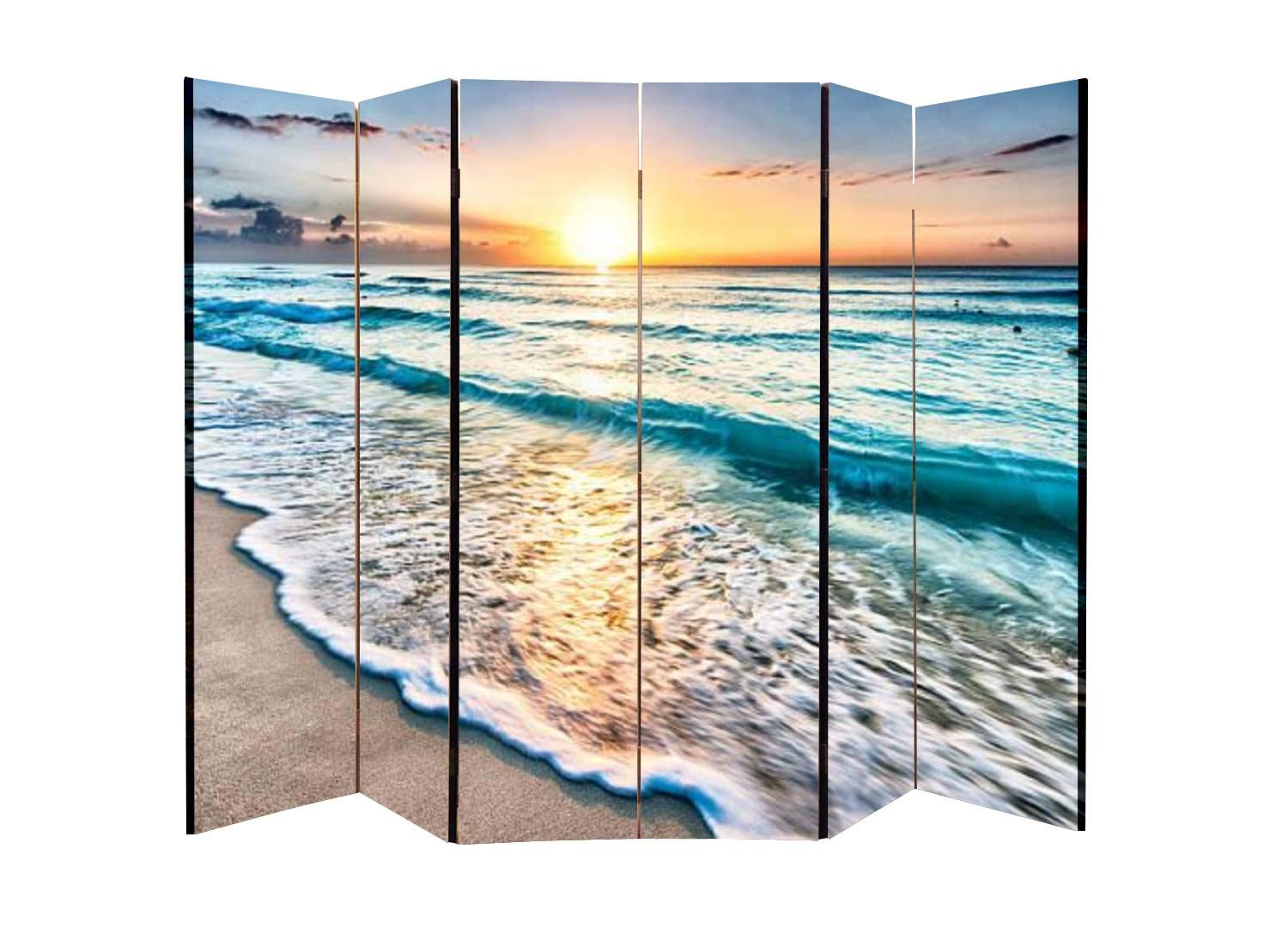 Wooden Room Divider with Sunrise Beach Canvas - 6-Panel Folding Privacy Screen for Home & Office | Dual-Sided Decorative Partition with Display Shelves | Perfect for Living Rooms, Bedrooms, and Workspaces
