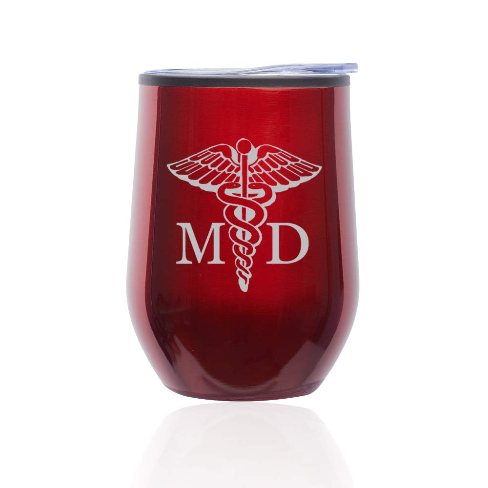 Stemless Wine Tumbler with Lid - 20oz Insulated Coffee Travel Mug Glass - Medical Symbol MD Doctor Gift - Perfect for Hospitals, Clinics & Office Use (Red)