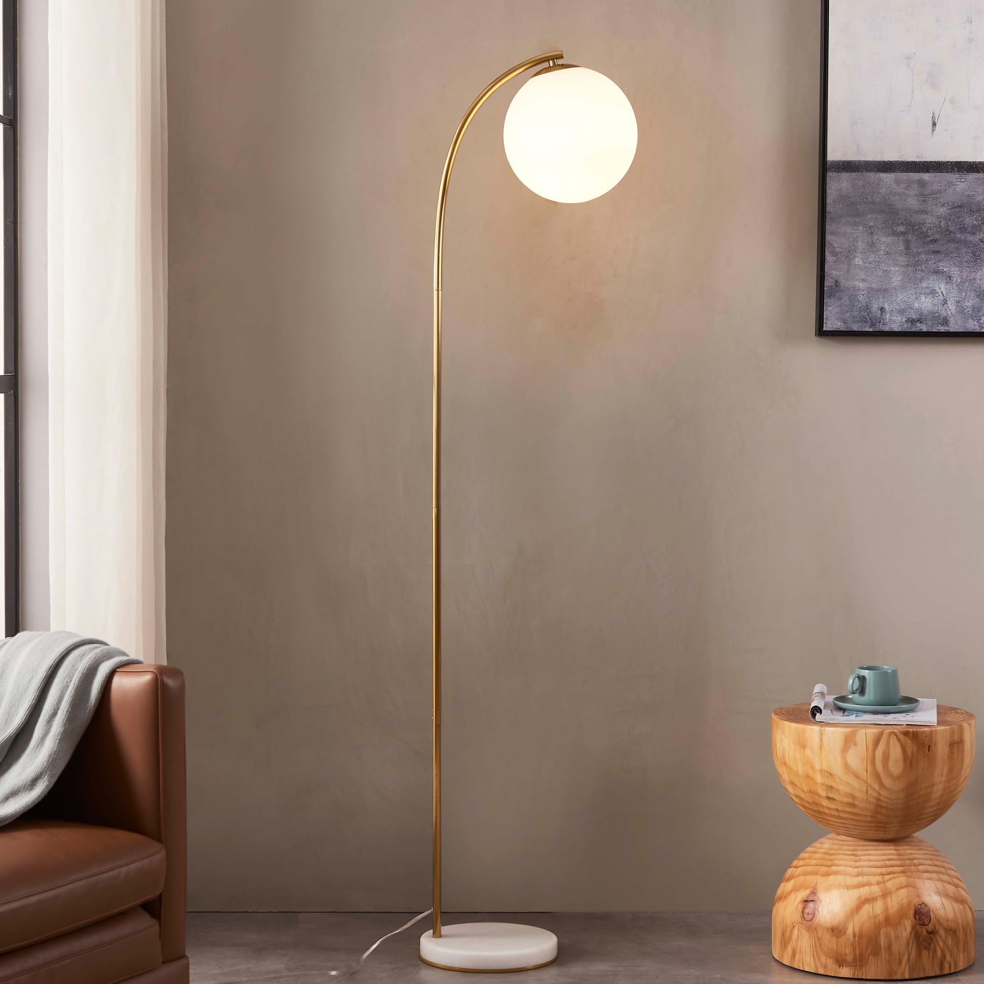 Brightech Luna Drop LED Floor Lamp - Frosted Glass Globe Arcing Standing Light, Mid-Century Modern Living Room Lamp for Bedroom, Office & Reading Nook - Brass Finish - Perfect for Cozy Nights & Boho Rustic Home Decor