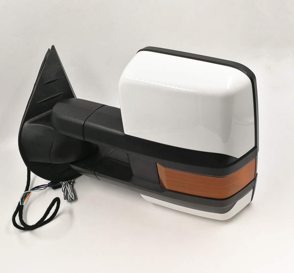 Custom Painted Olympic White 8624 Towing Mirrors for Chevy Silverado GMC Sierra Tahoe Suburban - Power Heated, Tow-On Glass, Amber LED Signal Lights & Backup Pair (2007-2013 Models) - Perfect for Heavy-Duty Towing, Off-Roading & Enhanced Nighttime Visibility