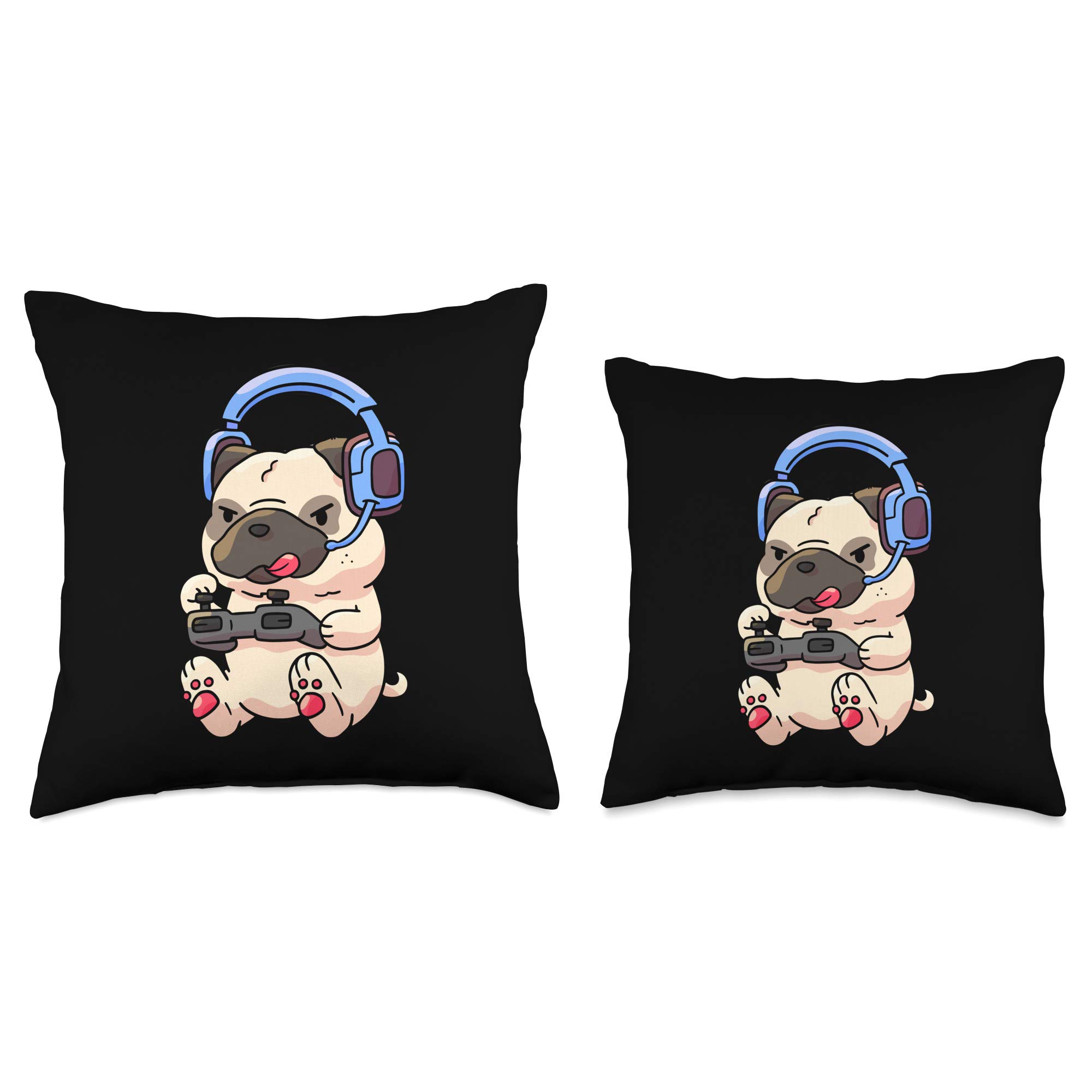 Gamer Pug Throw Pillow - Cute Gaming Pugs Design - Perfect Video Game Gift for Gamers & Dog Lovers - Great for Gaming Chairs, Couches & Bedroom Decor