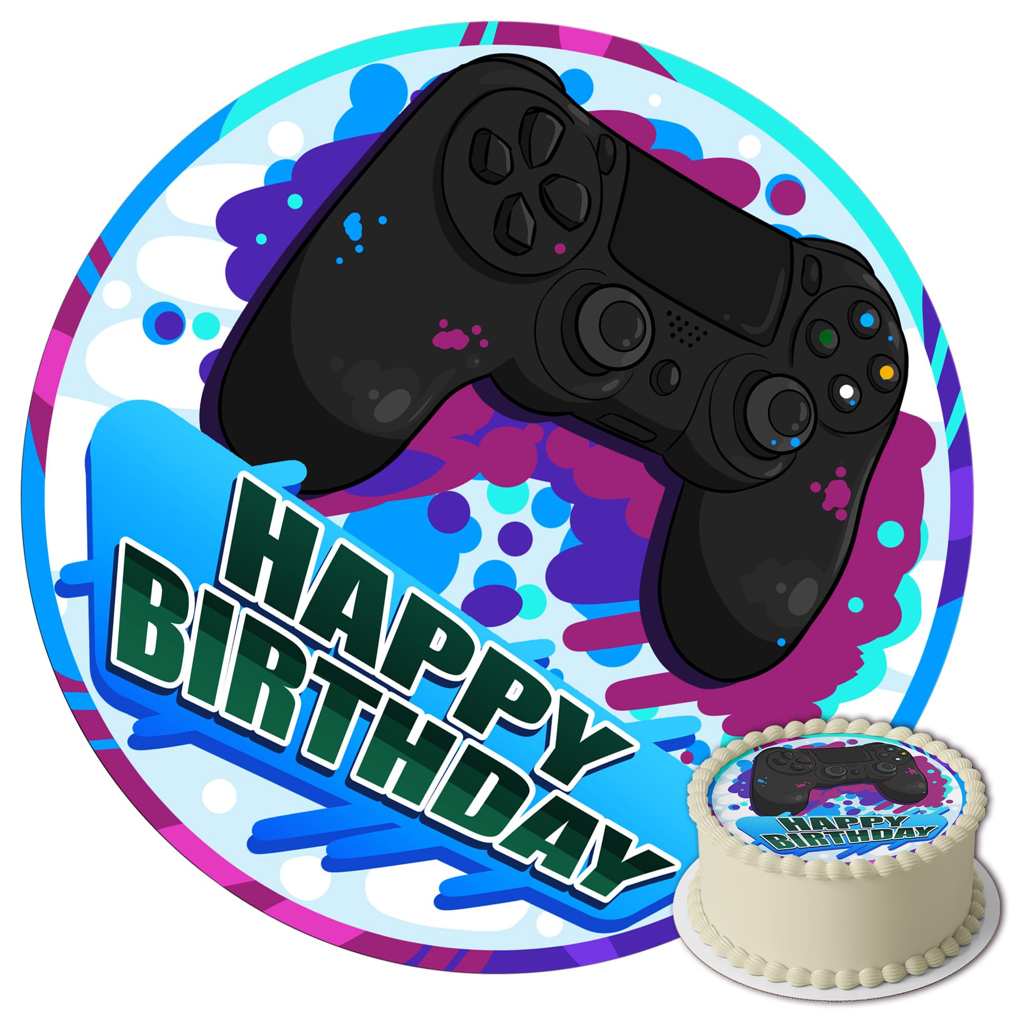 J&M DECO Edible Cake Toppers - Birthday Cake Decorations for Gamers - 20cm Round Fondant Cake Topper - Edible Paper Cake Decor for Birthday Parties & Gaming Events