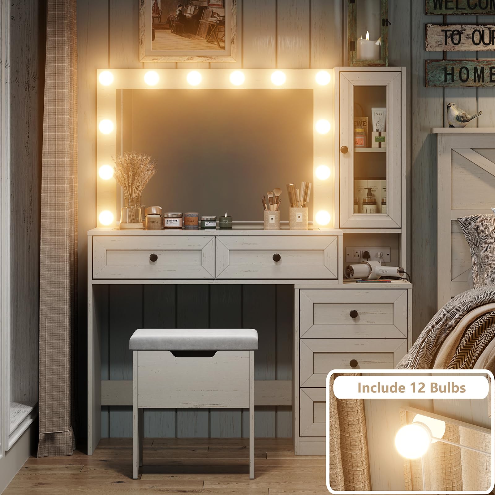 Farmhouse Vanity Mirror with LED Lights - Large Makeup Dressing Table Set with Glass Top, Built-in Charging Station & Power Outlet, 3 Adjustable Lighting Modes - Perfect for Bedroom, Bathroom or Dressing Room (White)