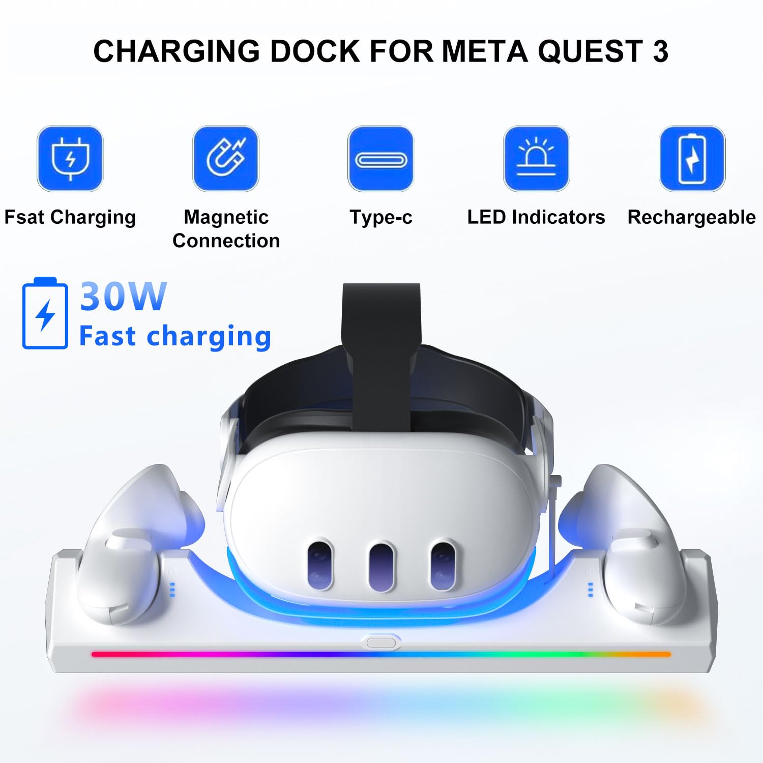 Oculus Quest 3S/Quest 3 Fast Charging Dock with 30W Adapter & LED Indicator - Includes 2x 1800mAh Rechargeable Batteries for VR Headset Accessories - Perfect for Gaming, VR Streaming & Extended Play Sessions