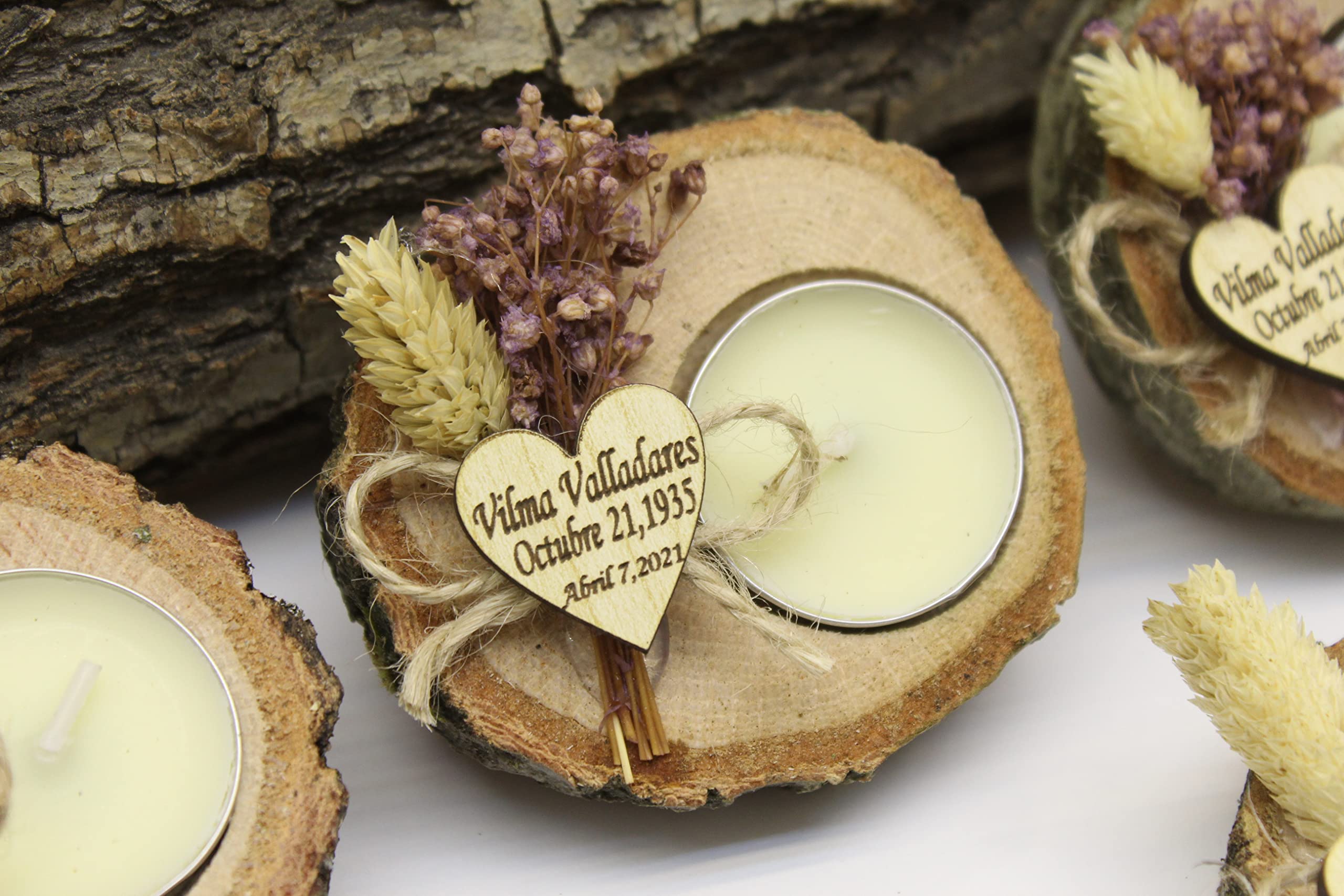75-Piece Personalized Wooden Log Candle Holder Set - Bulk Wedding Favors for Guests, Memorial Gifts, Rustic Tea Light Holders - Perfect for Wedding Decor, Funeral Memorials & Home Centerpieces