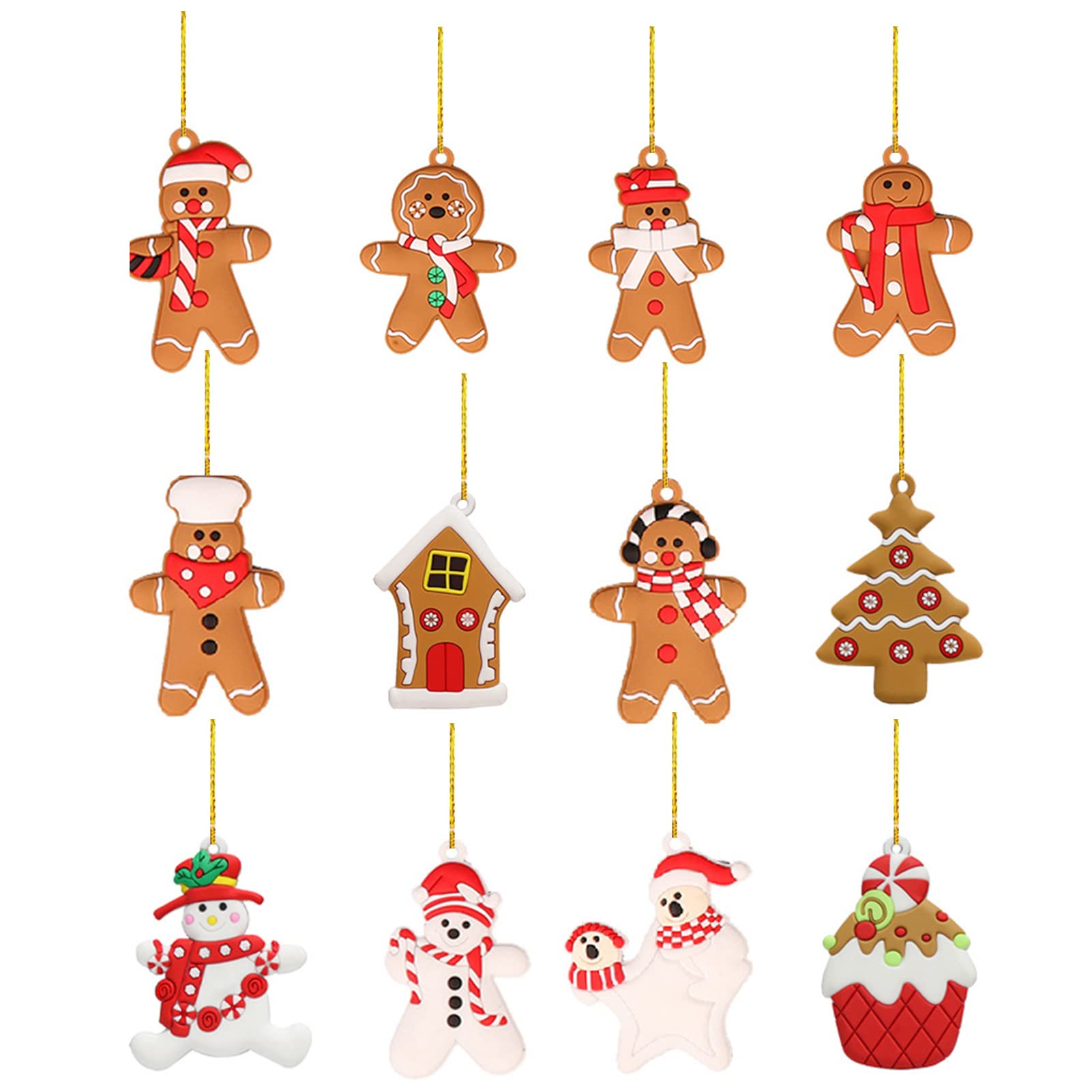 12pcs Christmas Gingerbread Men Ornaments - Hanging Decorations for Tree, Gift, Thanksgiving & Holiday Decor - Snowman, Bear, Cupcake Designs for Festive Home & Party Decor