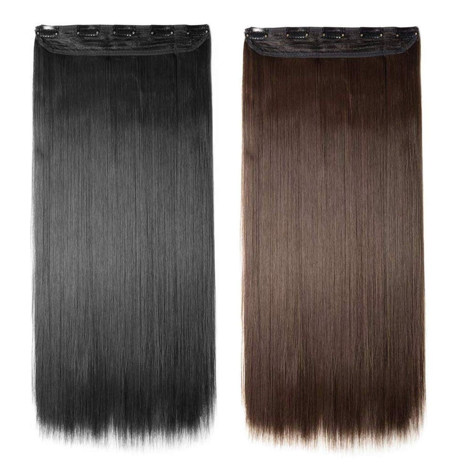 5-Pack Black & Dark Brown 26-Inch Long Straight Clip-In Hair Extensions for Women - Easy to Wear, Natural Look for Daily Styling, Parties & Special Occasions