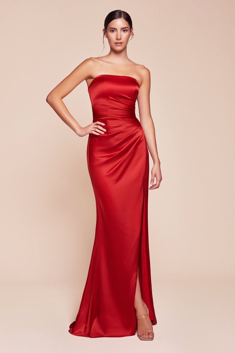 Nicolette Gown - Strapless Luxe Satin Prom Dress with Detachable Sash in Red | Perfect for Evening Gala, Wedding Guest & Formal Events