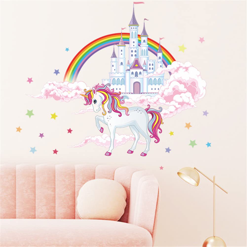 Unicorn Wall Stickers & Decals with Rainbow Castle - Removable Wall Art Decor for Kids, Boys, Girls Bedroom, Nursery, Party - Perfect for Home Decoration, Birthday Parties & Kids Room Themes