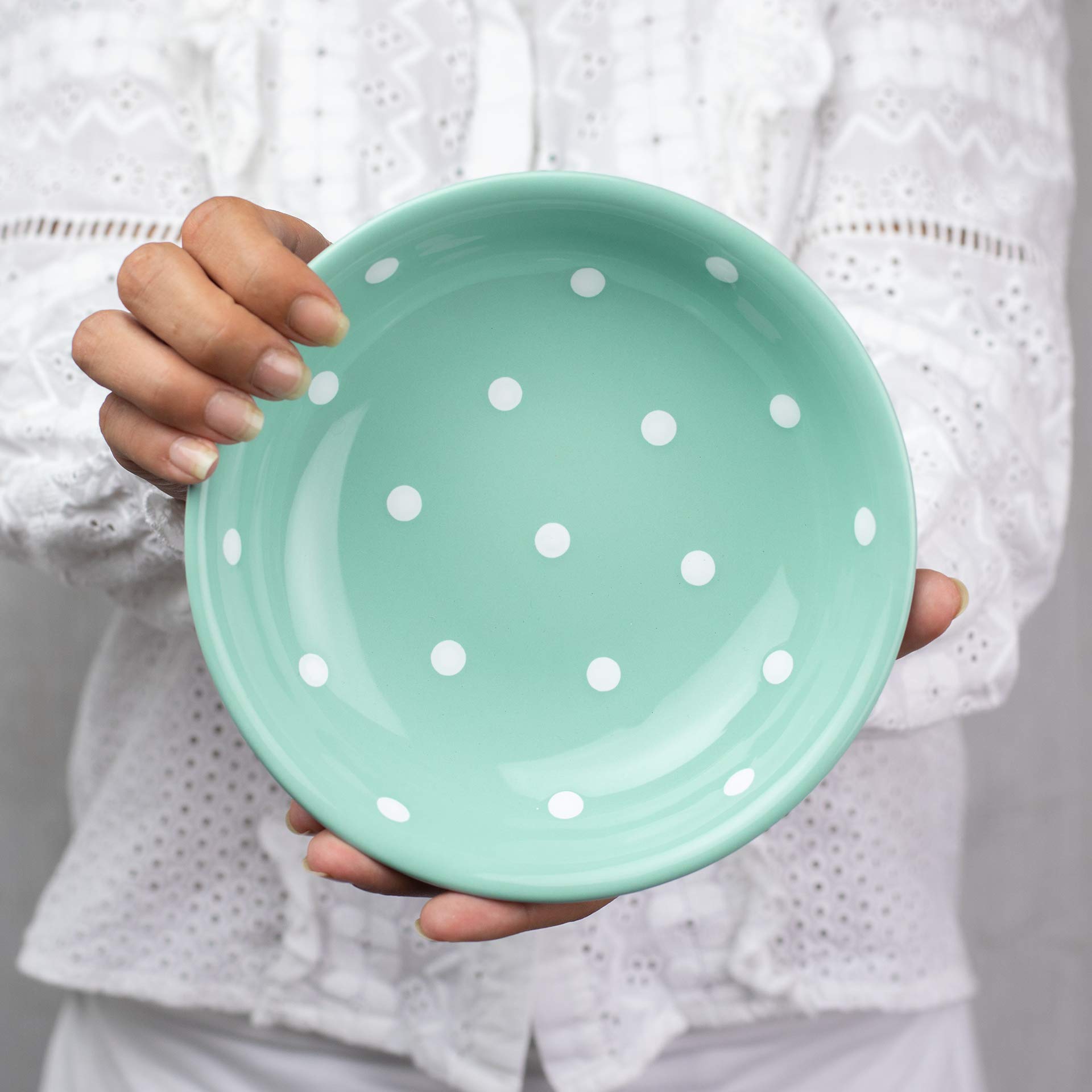 Handmade Teal Blue and White Polka Dot Glazed Ceramic Bowl - 7.3 inch (18.5cm), 14oz (400ml) for Salad, Pasta, Fruit, Cereal & Soup | Unique Dinnerware for Kitchen, Dining & Home Decor | Perfect Housewarming Gift for New Homeowners