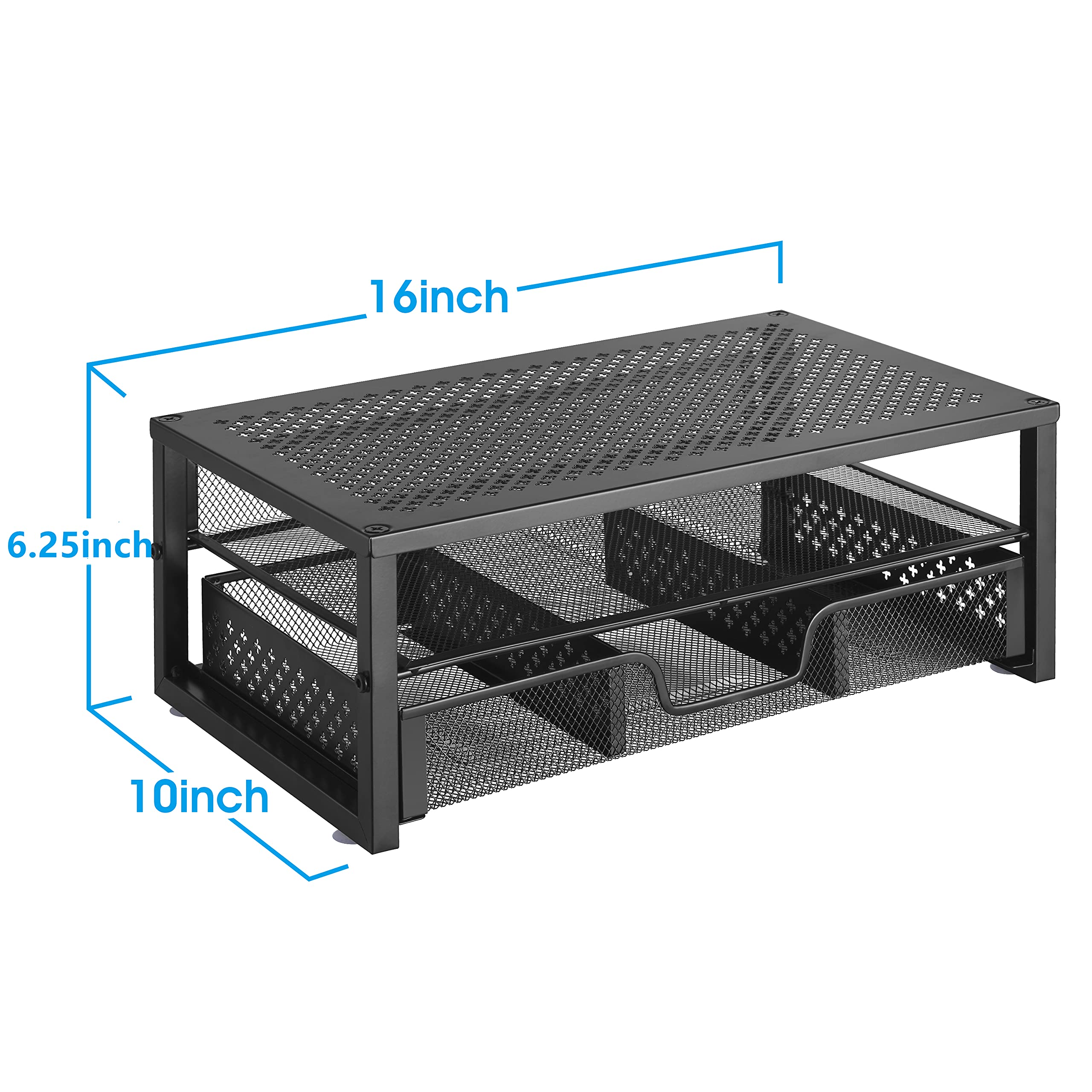 Black Metal Monitor Stand Riser with Storage Drawer - Ergonomic Desk Organizer for Laptop, Computer & iMac - Perfect for Home Office & Workspace Organization